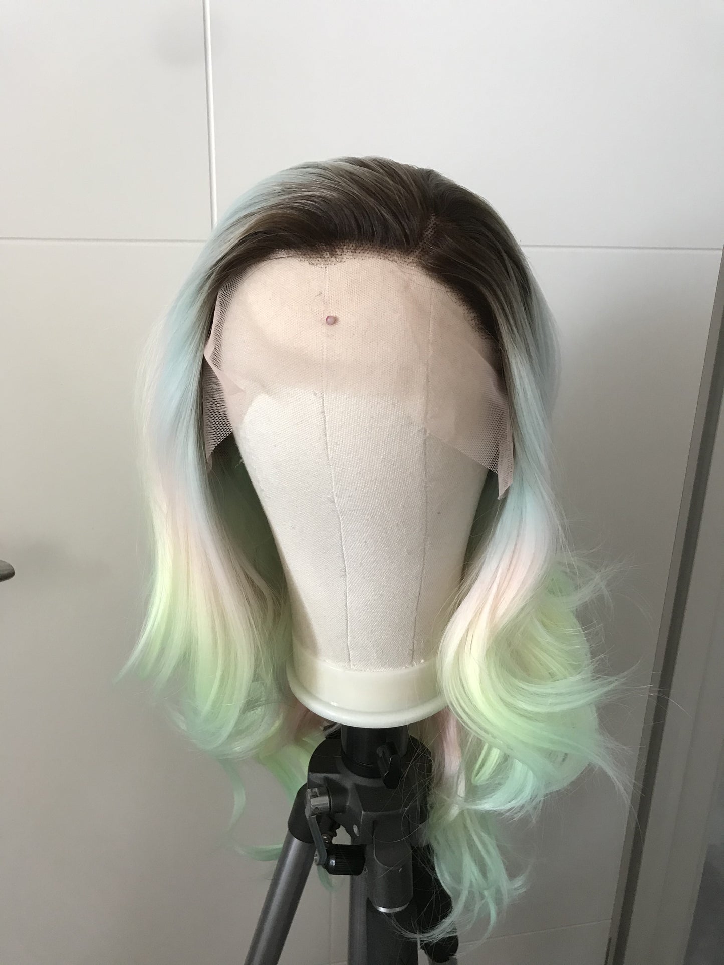 Rooted Pastel Green Rainbow Long Curls Wavy Hair Layered Centre Part Premium Synthetic Lace Wig