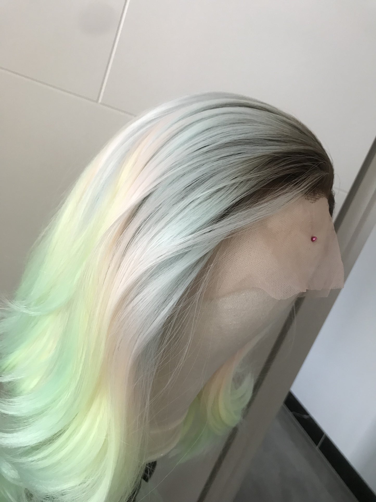 Rooted Pastel Green Rainbow Long Curls Wavy Hair Layered Centre Part Premium Synthetic Lace Wig