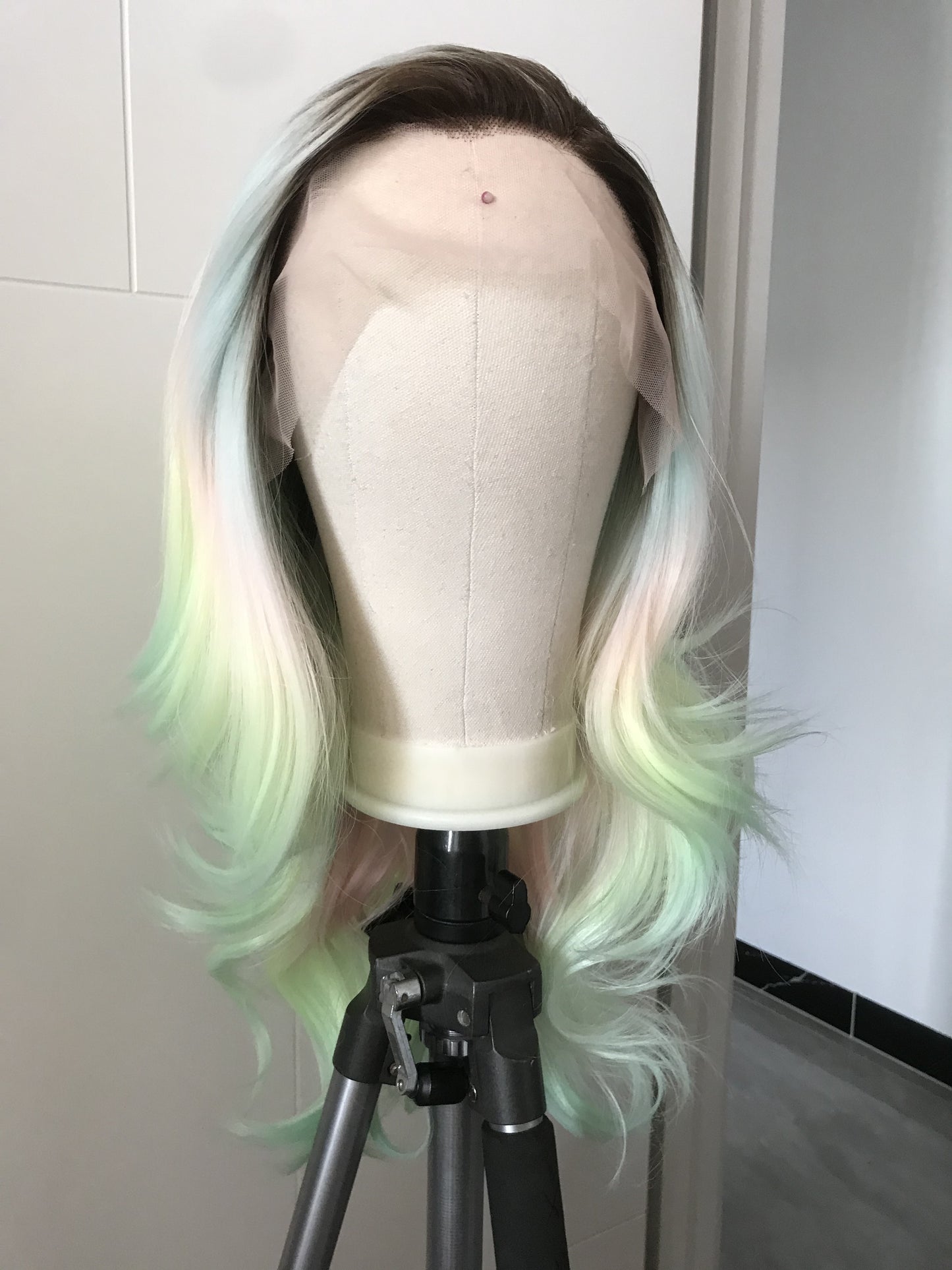 Rooted Pastel Green Rainbow Long Curls Wavy Hair Layered Centre Part Premium Synthetic Lace Wig