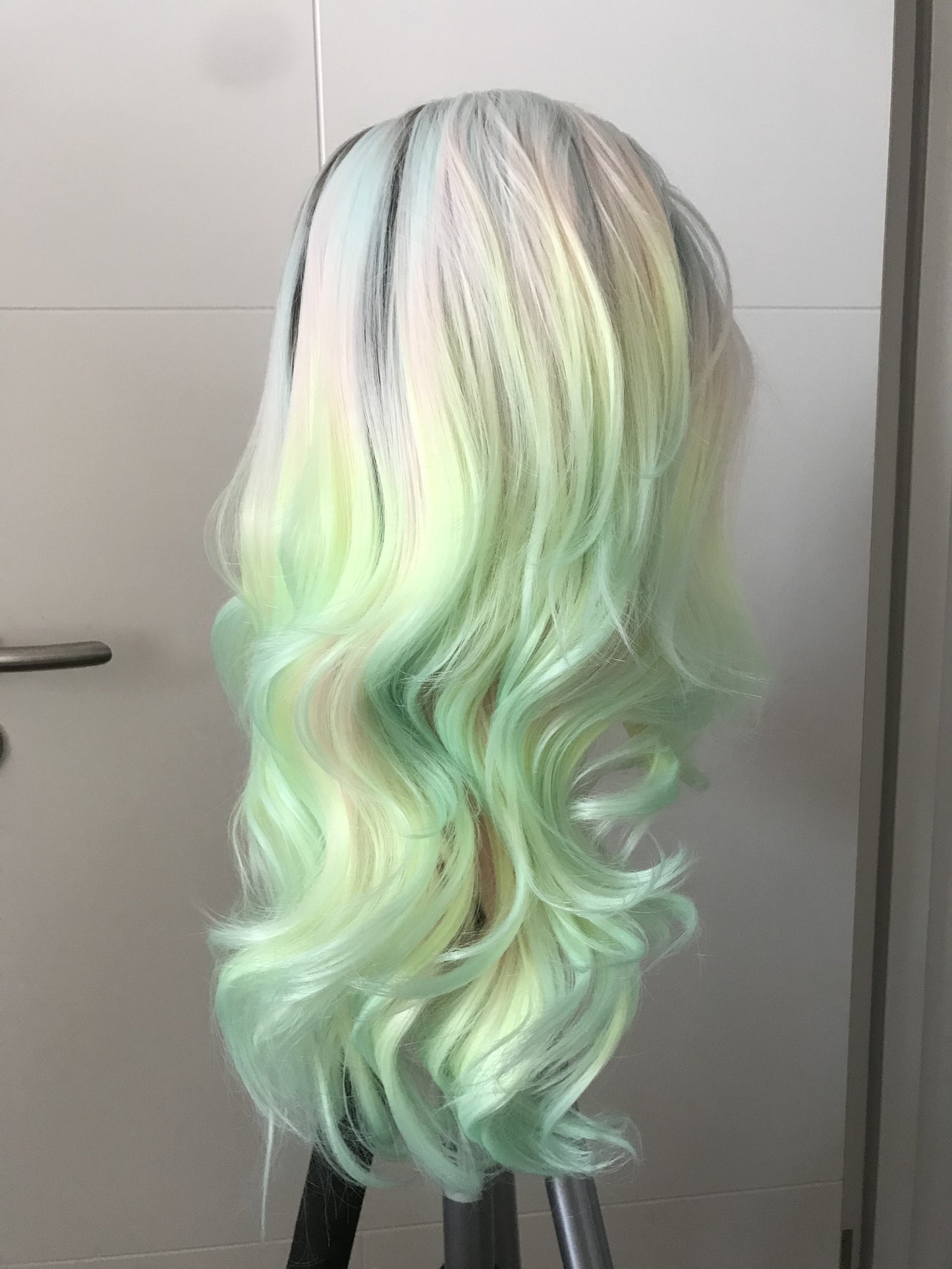 Rooted Pastel Green Rainbow Long Curls Wavy Hair Layered Centre Part Premium Synthetic Lace Wig
