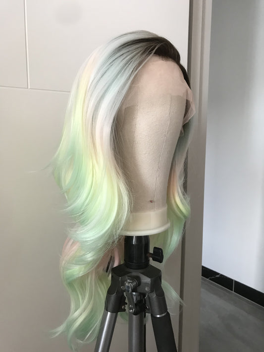 Rooted Pastel Green Rainbow Long Curls Wavy Hair Layered Centre Part Premium Synthetic Lace Wig