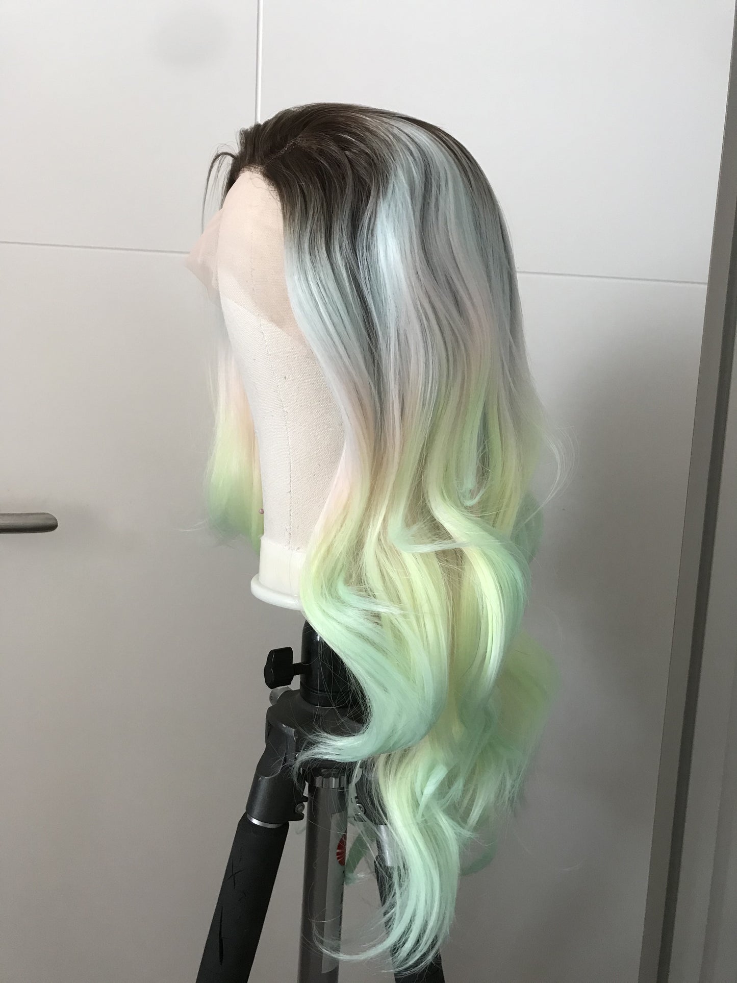 Rooted Pastel Green Rainbow Long Curls Wavy Hair Layered Centre Part Premium Synthetic Lace Wig