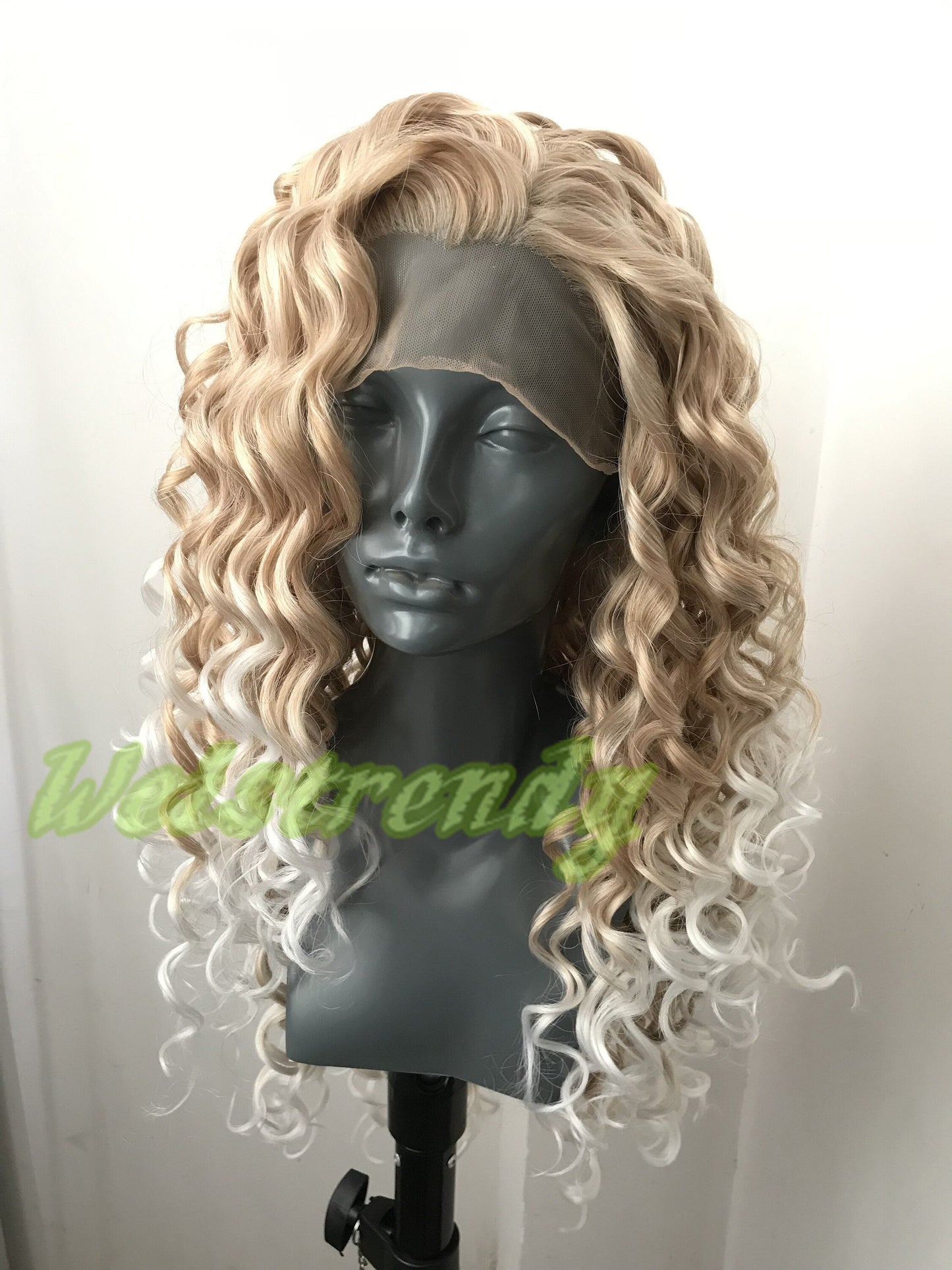 Ombre Mixed Blonde to White Long Curly Soft Swiss Lace Closure Free Parting Lace Front Wig Heat Safe Fiber