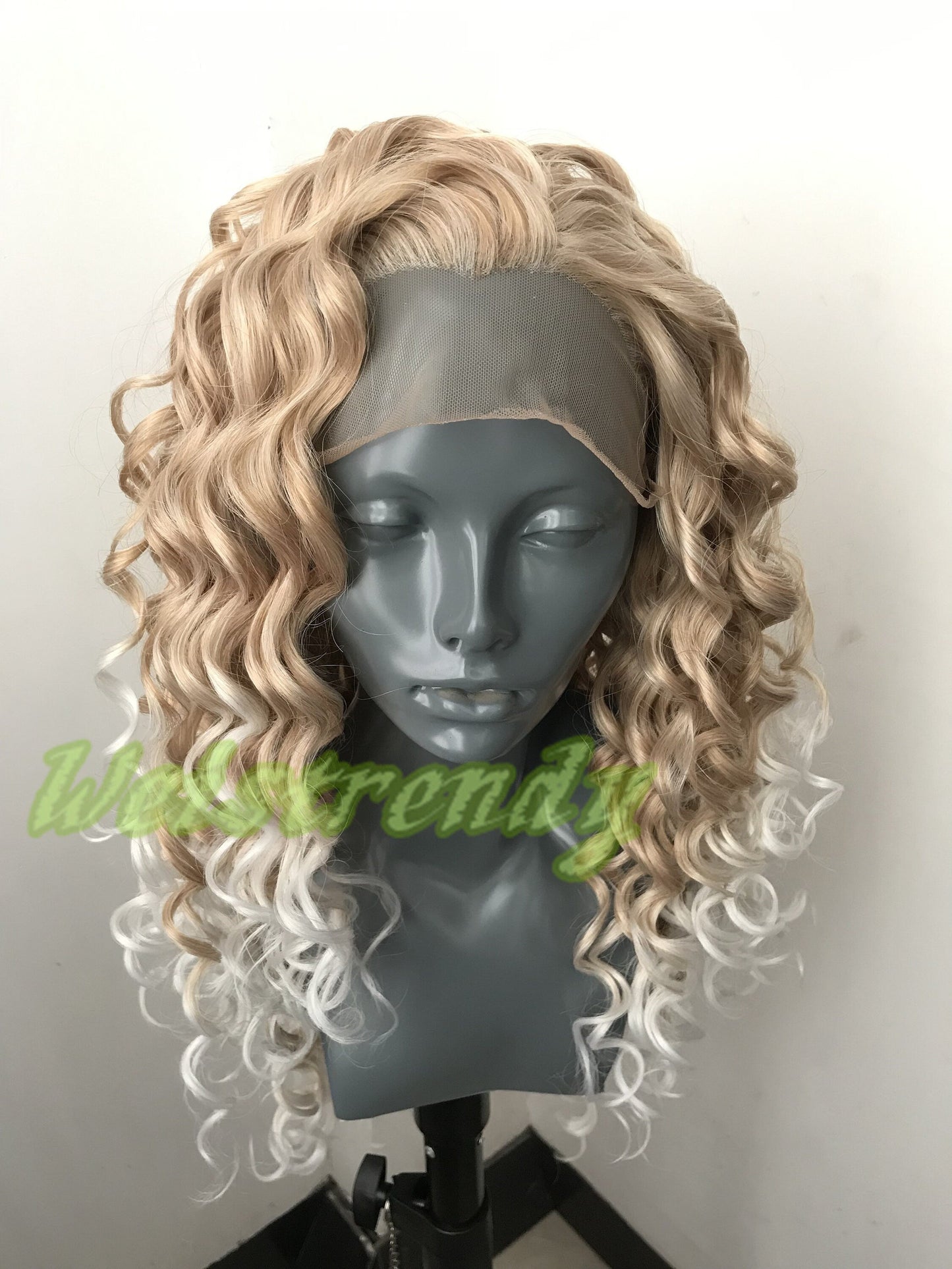Ombre Mixed Blonde to White Long Curly Soft Swiss Lace Closure Free Parting Lace Front Wig Heat Safe Fiber