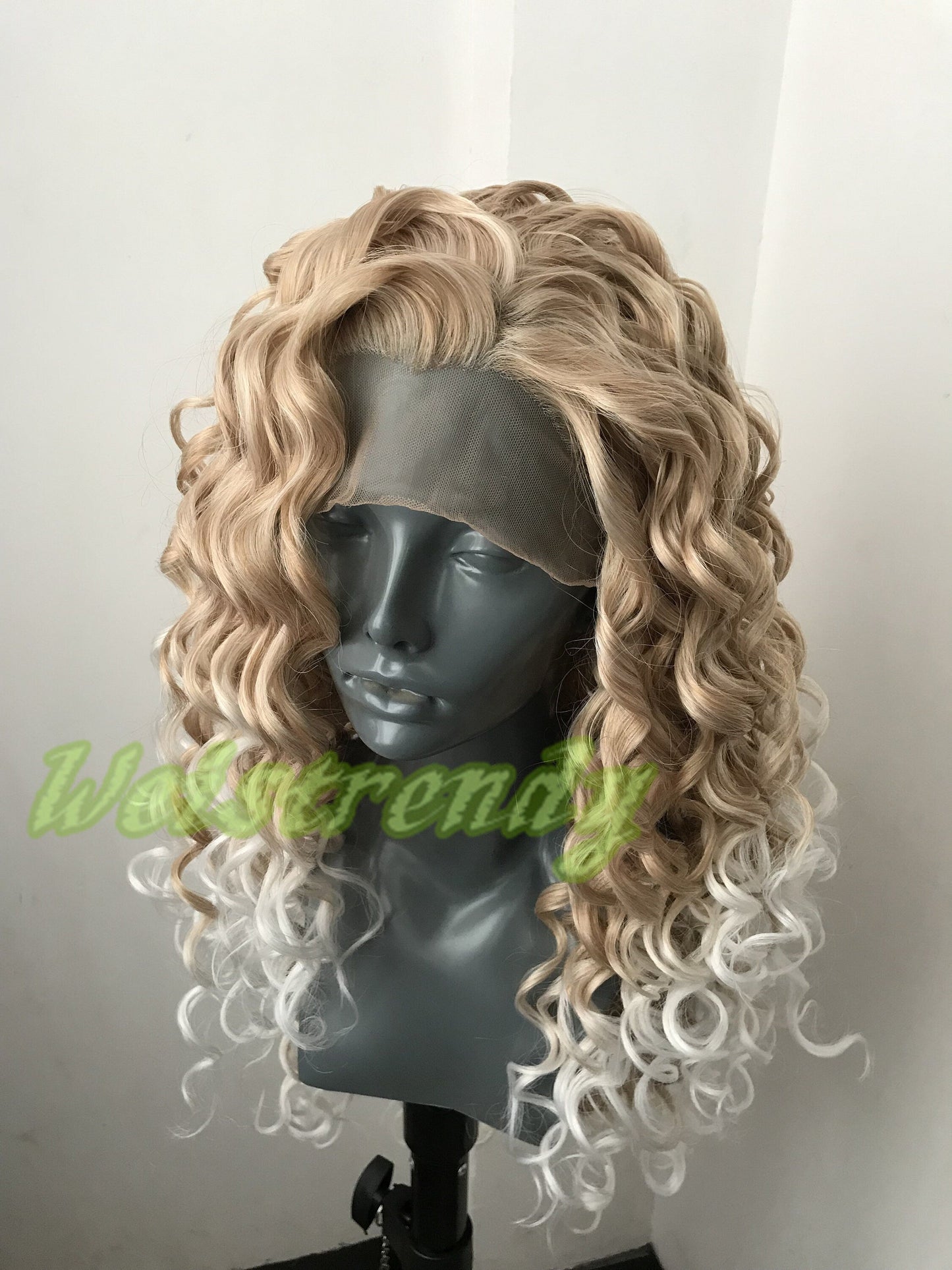 Ombre Mixed Blonde to White Long Curly Soft Swiss Lace Closure Free Parting Lace Front Wig Heat Safe Fiber