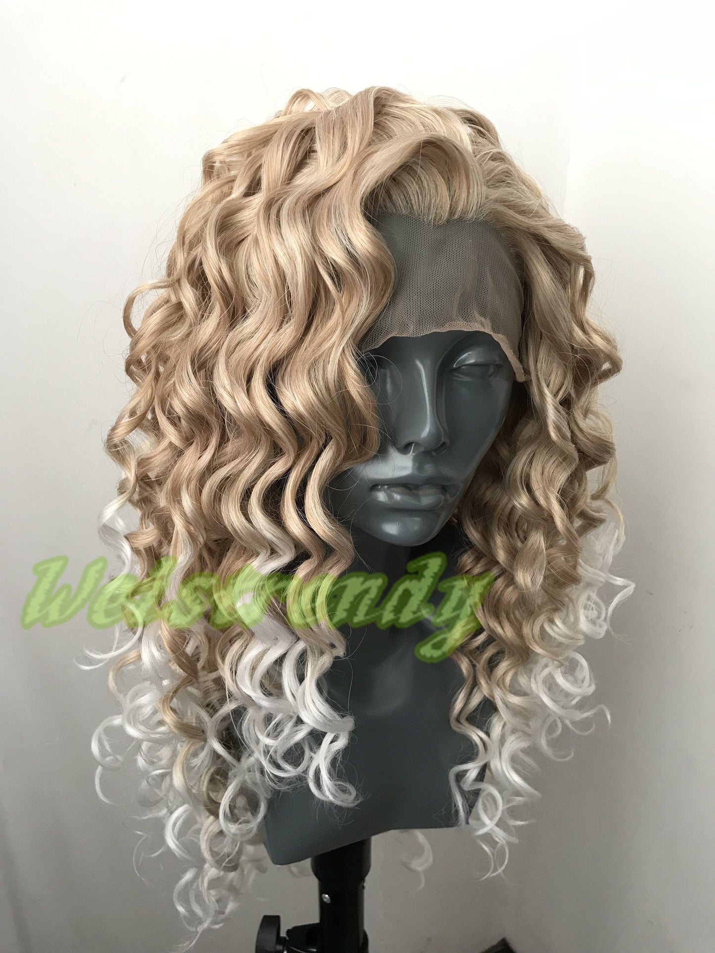 Ombre Mixed Blonde to White Long Curly Soft Swiss Lace Closure Free Parting Lace Front Wig Heat Safe Fiber