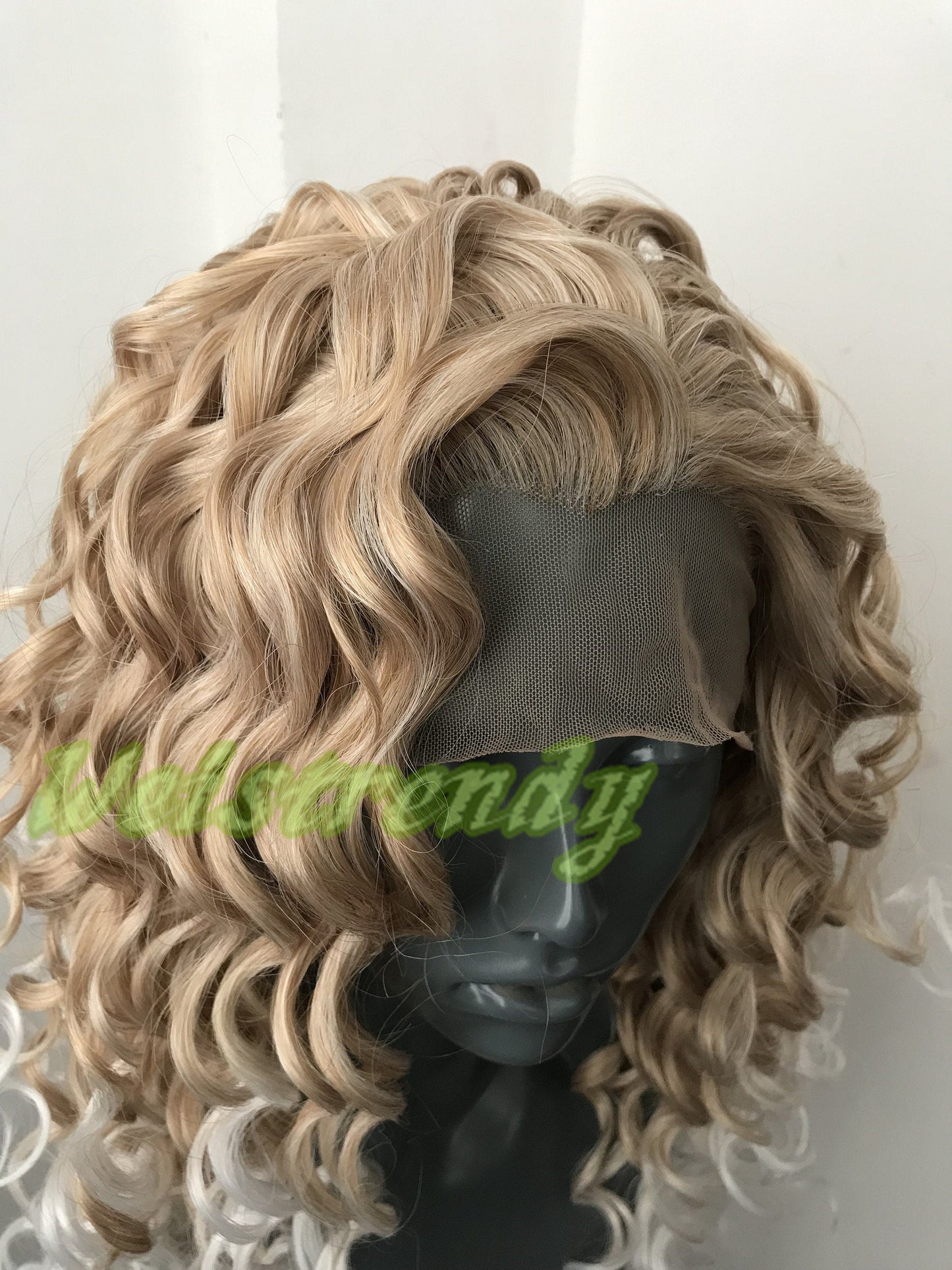 Ombre Mixed Blonde to White Long Curly Soft Swiss Lace Closure Free Parting Lace Front Wig Heat Safe Fiber