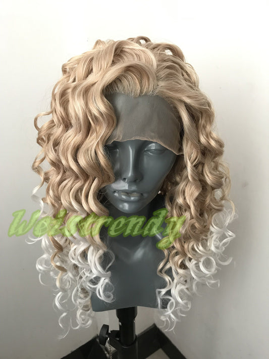 Ombre Mixed Blonde to White Long Curly Soft Swiss Lace Closure Free Parting Lace Front Wig Heat Safe Fiber