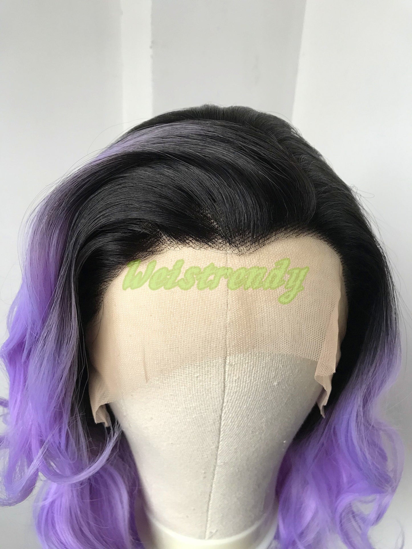 Black Rooted Purple | lavender 16in Short Curls Wigs Premium Synthetic Lace Frontal Ombré Wig Free Part | Realistic