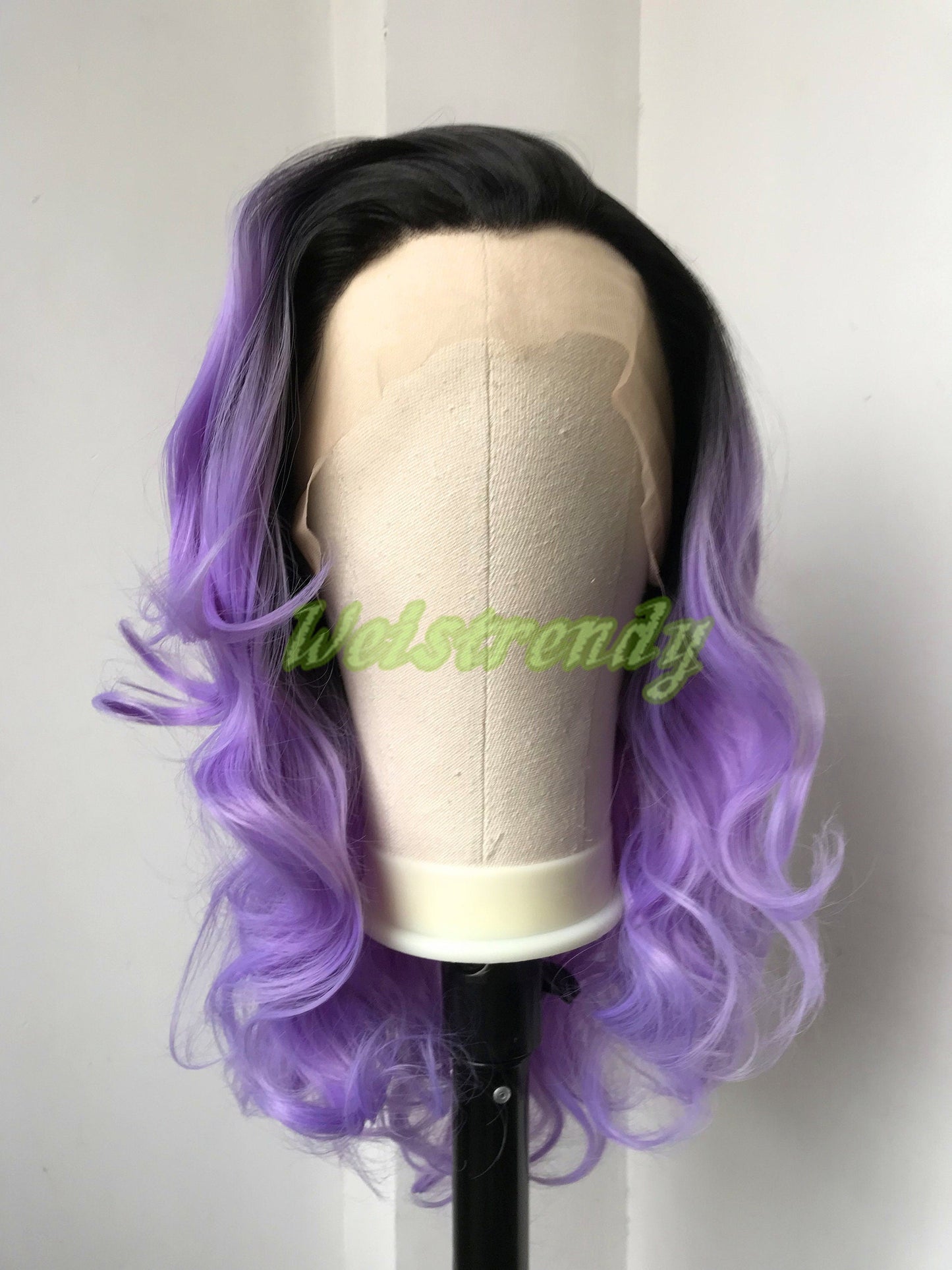 Black Rooted Purple | lavender 16in Short Curls Wigs Premium Synthetic Lace Frontal Ombré Wig Free Part | Realistic