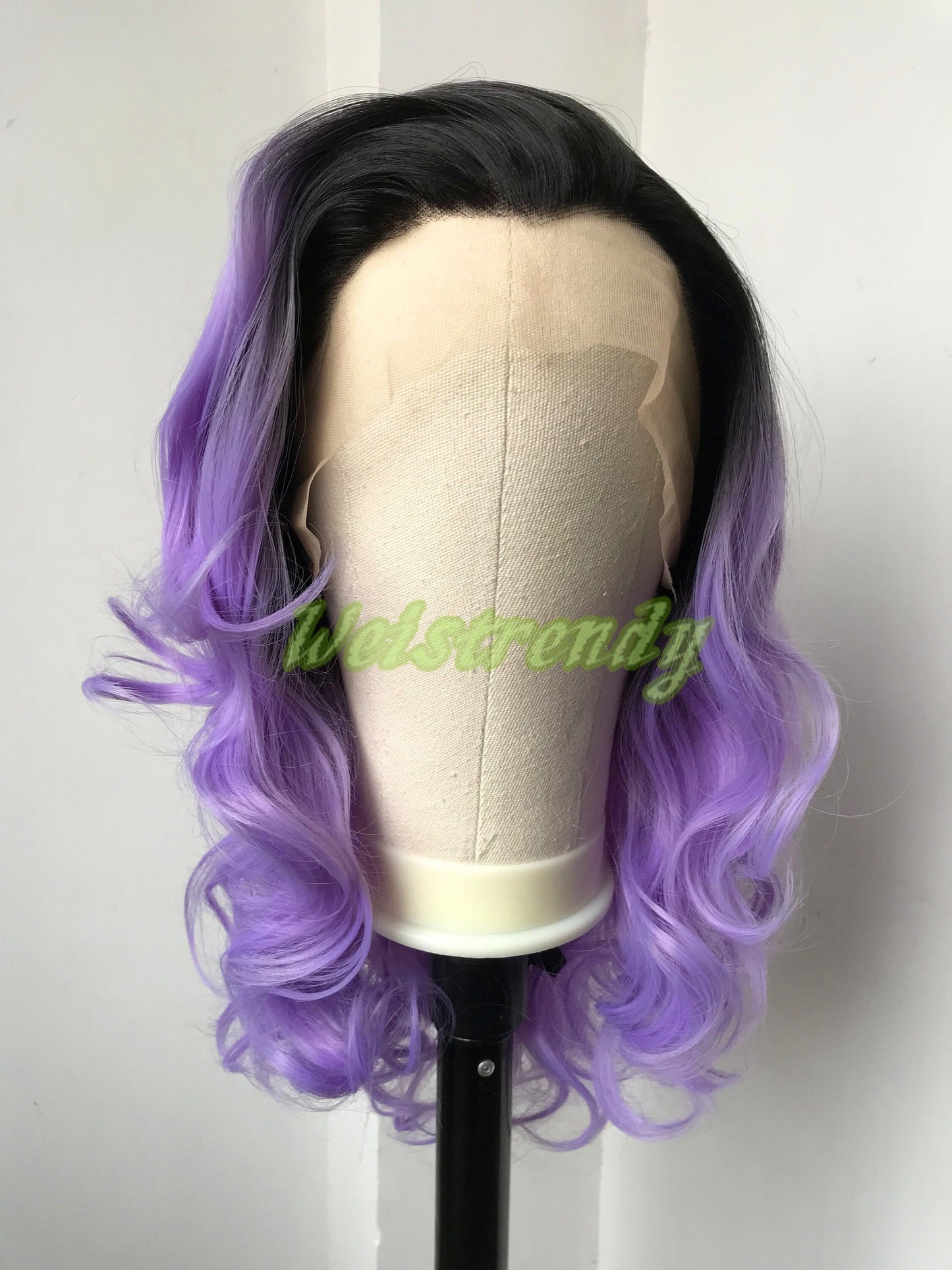 Black Rooted Purple | lavender 16in Short Curls Wigs Premium Synthetic Lace Frontal Ombré Wig Free Part | Realistic