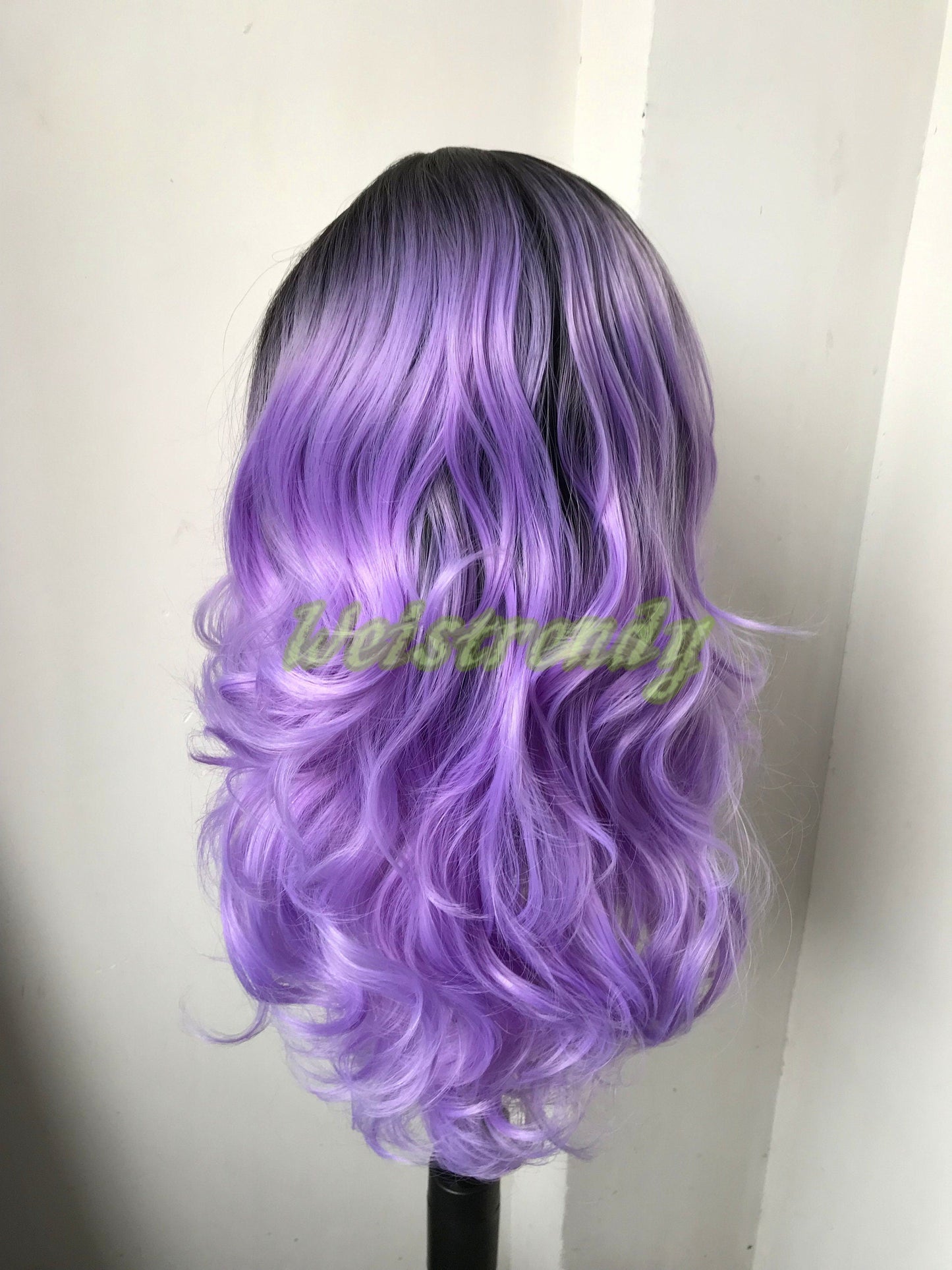 Black Rooted Purple | lavender 16in Short Curls Wigs Premium Synthetic Lace Frontal Ombré Wig Free Part | Realistic