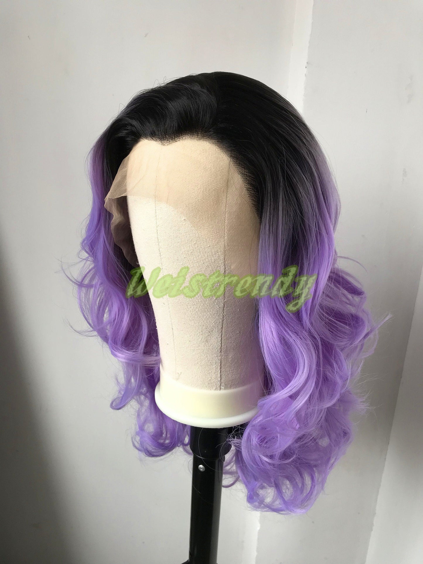 Black Rooted Purple | lavender 16in Short Curls Wigs Premium Synthetic Lace Frontal Ombré Wig Free Part | Realistic