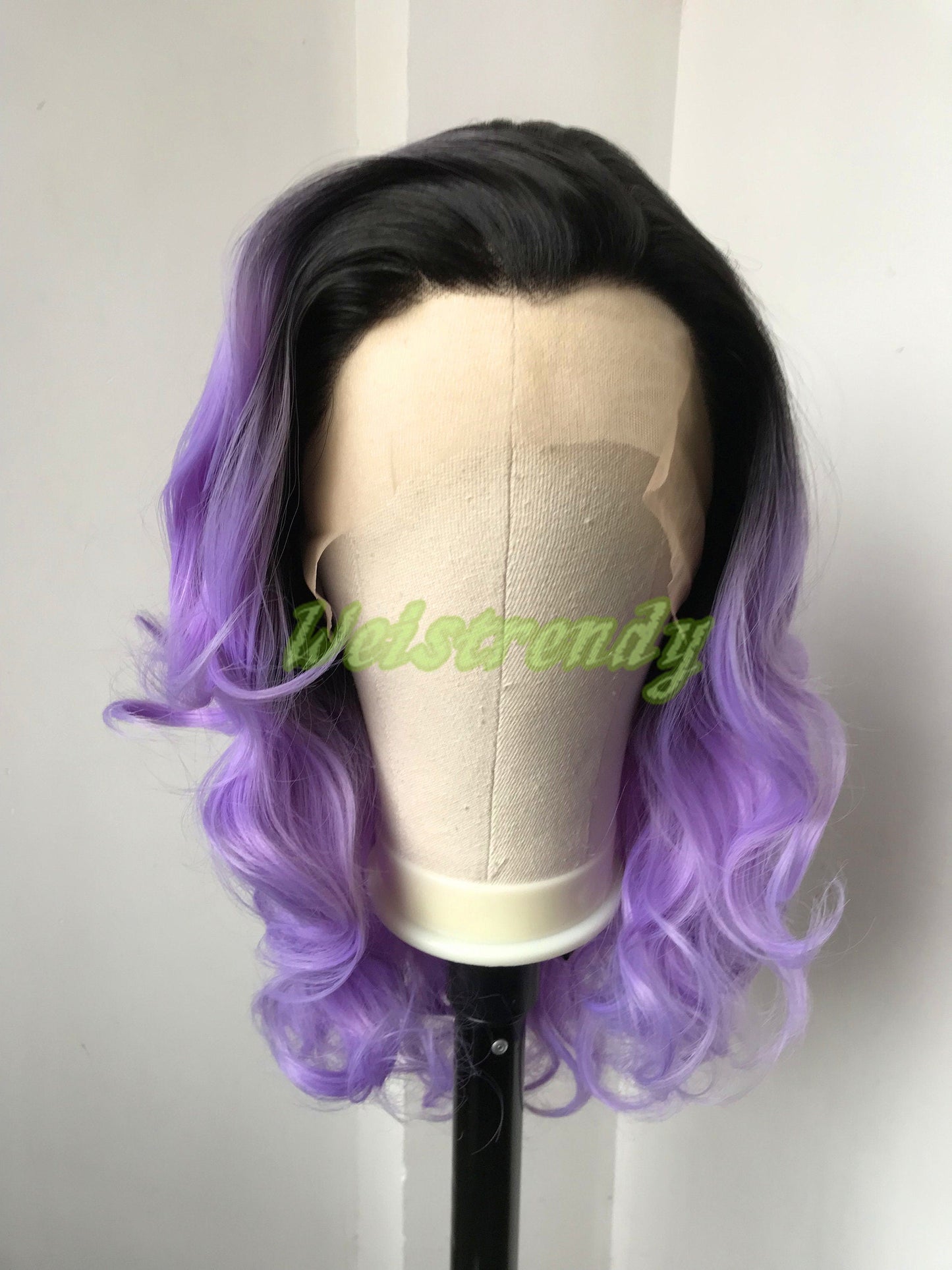 Black Rooted Purple | lavender 16in Short Curls Wigs Premium Synthetic Lace Frontal Ombré Wig Free Part | Realistic