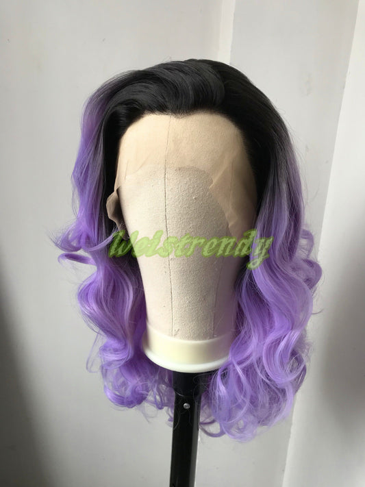 Black Rooted Purple | lavender 16in Short Curls Wigs Premium Synthetic Lace Frontal Ombré Wig Free Part | Realistic