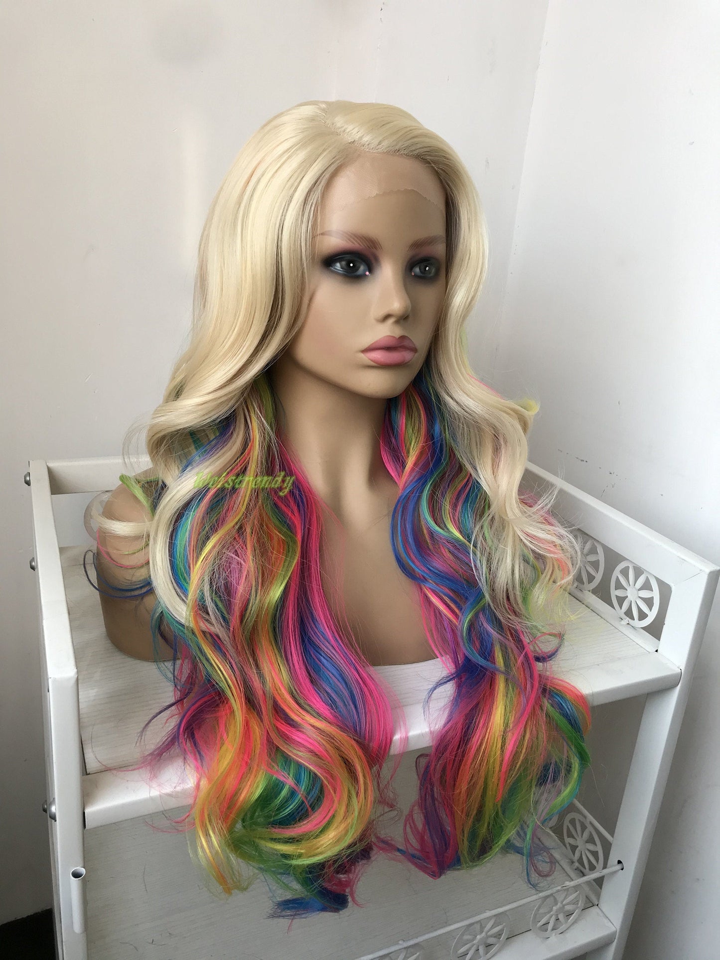 613 Blonde Mixed Rainbow Colorful Long Curls Wigs Synthetic Lace Front Wig Side Part Cosplay Wig