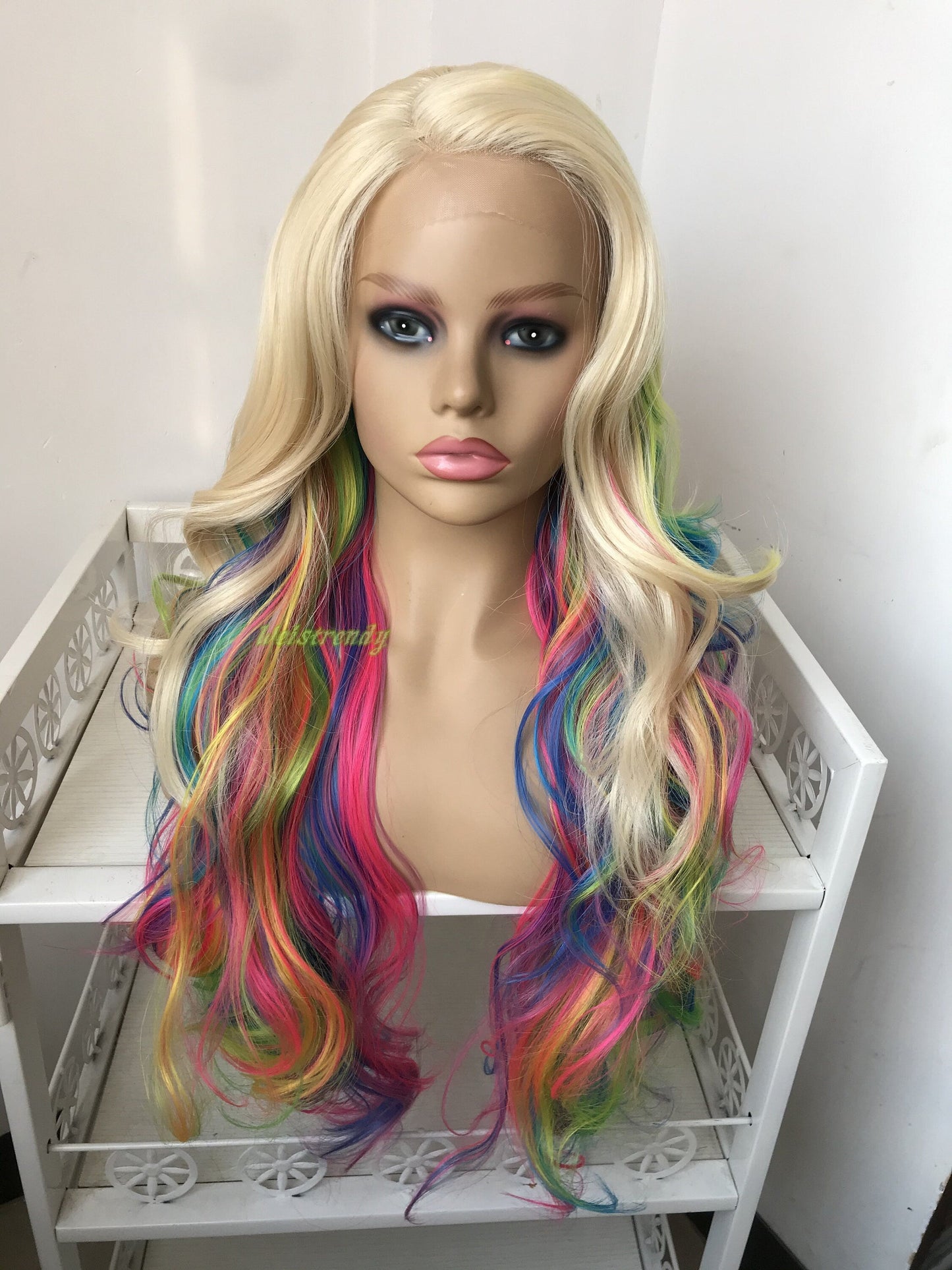 613 Blonde Mixed Rainbow Colorful Long Curls Wigs Synthetic Lace Front Wig Side Part Cosplay Wig