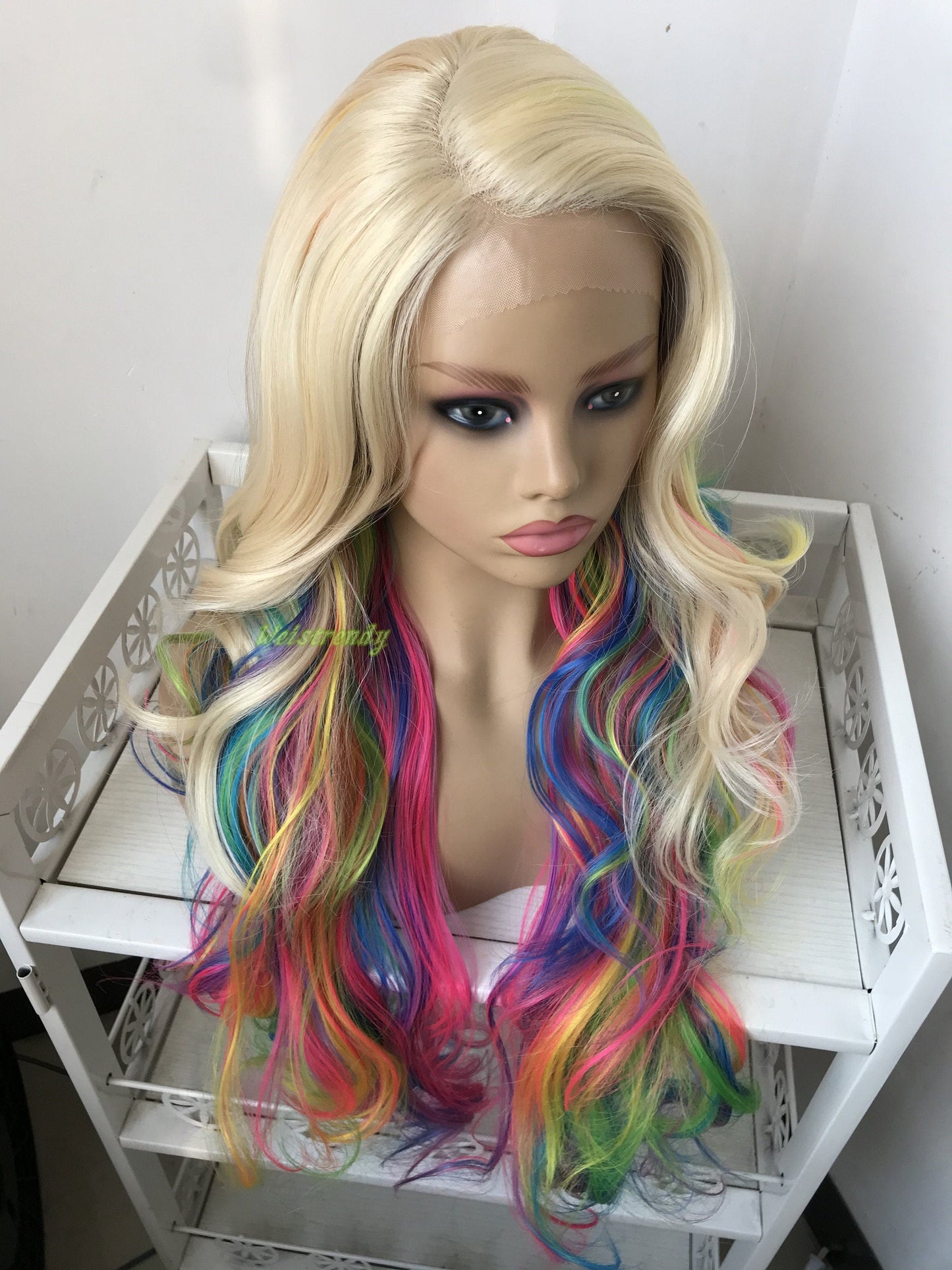 613 Blonde Mixed Rainbow Colorful Long Curls Wigs Synthetic Lace Front Wig Side Part Cosplay Wig