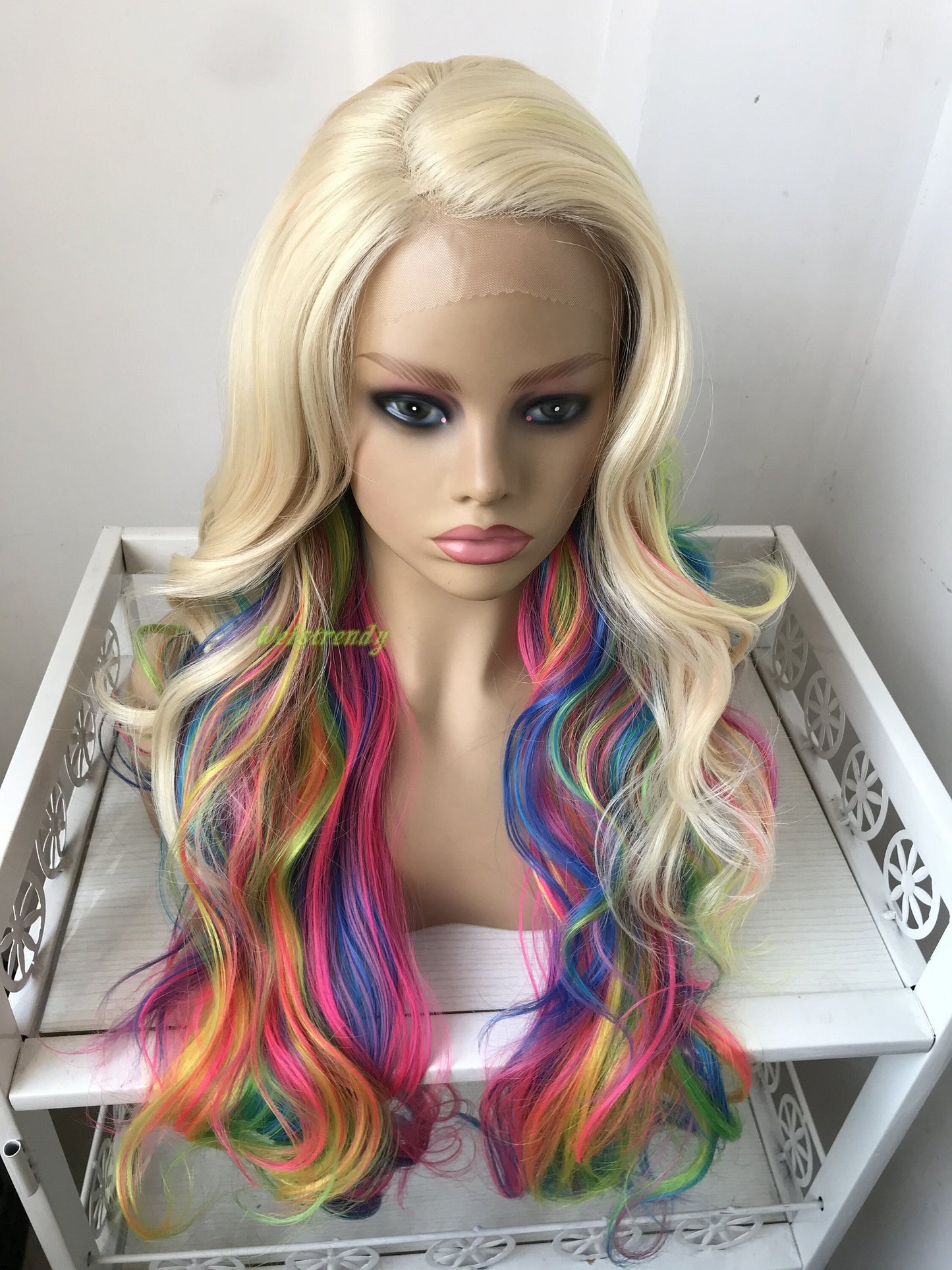613 Blonde Mixed Rainbow Colorful Long Curls Wigs Synthetic Lace Front Wig Side Part Cosplay Wig