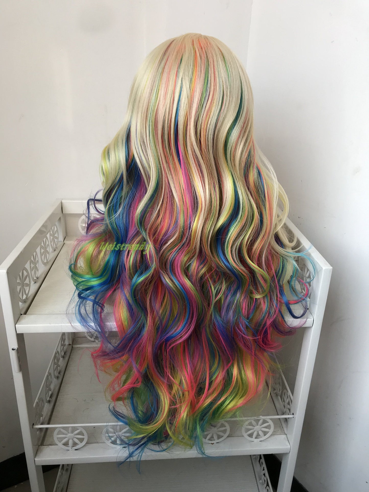 613 Blonde Mixed Rainbow Colorful Long Curls Wigs Synthetic Lace Front Wig Side Part Cosplay Wig
