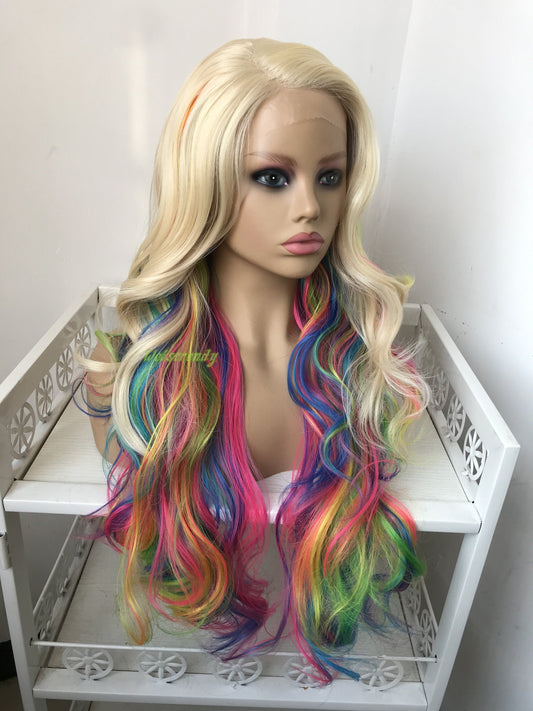 613 Blonde Mixed Rainbow Colorful Long Curls Wigs Synthetic Lace Front Wig Side Part Cosplay Wig