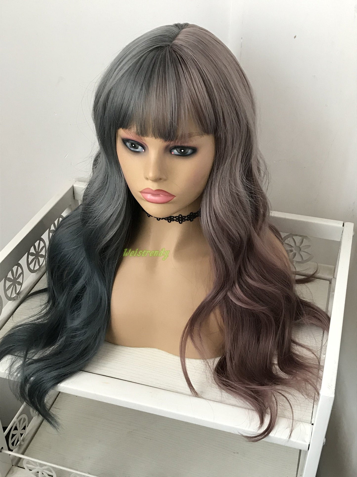 Half and Half Dusty Purple Dusty Blue Mixed Color Long Waves Hair Premium Synthetic No Lace Wig with Bangs Heat Safe