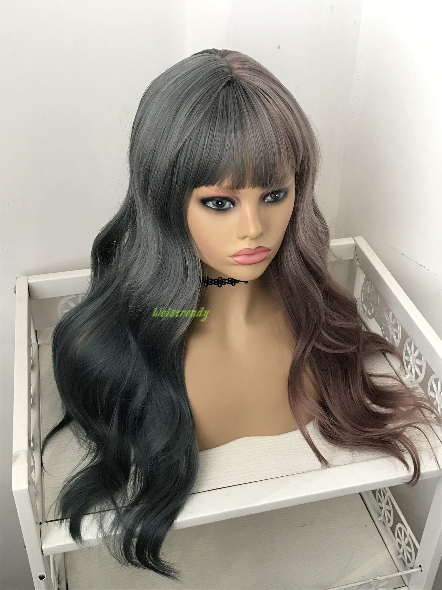Half and Half Dusty Purple Dusty Blue Mixed Color Long Waves Hair Premium Synthetic No Lace Wig with Bangs Heat Safe