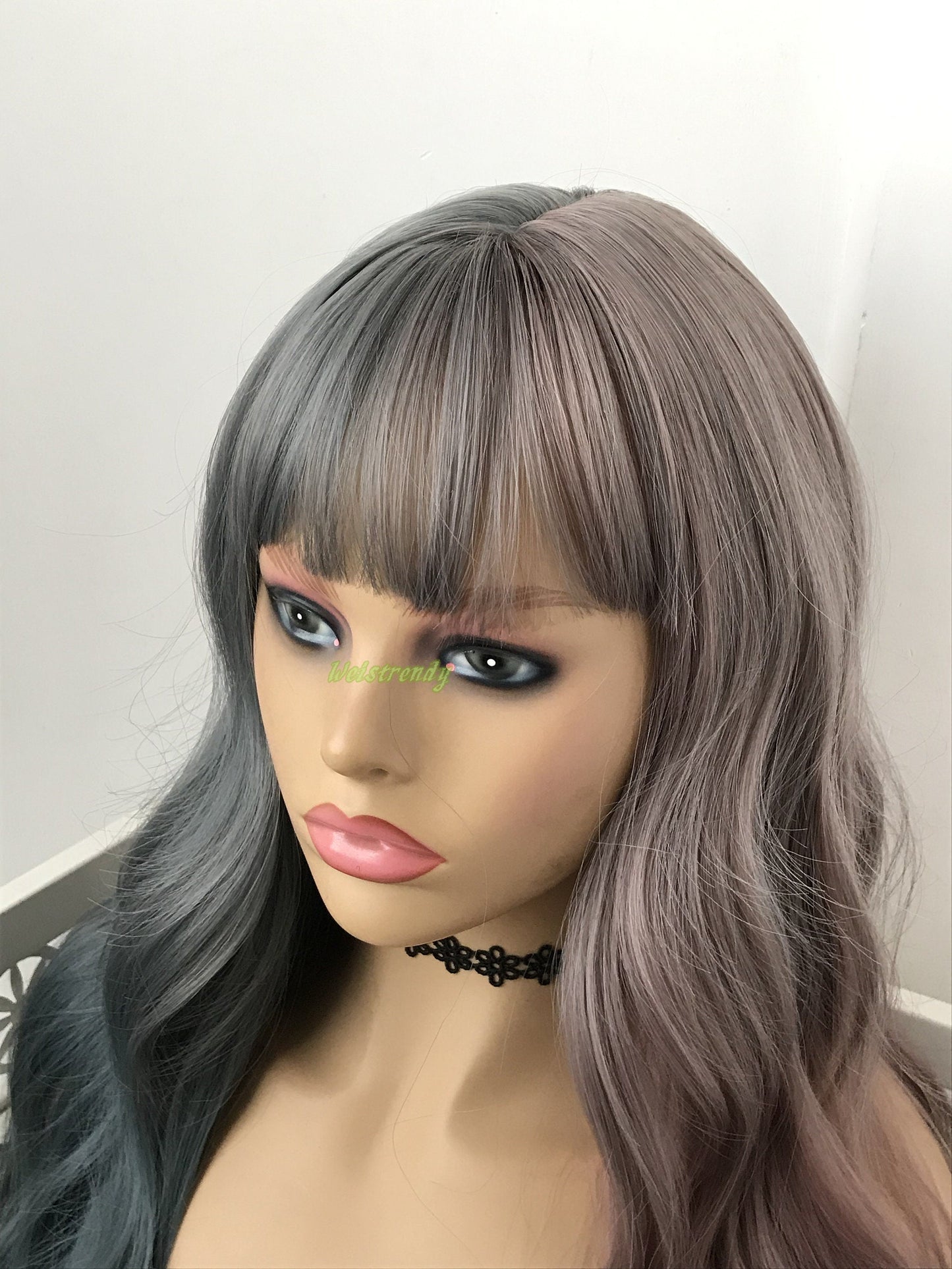 Half and Half Dusty Purple Dusty Blue Mixed Color Long Waves Hair Premium Synthetic No Lace Wig with Bangs Heat Safe