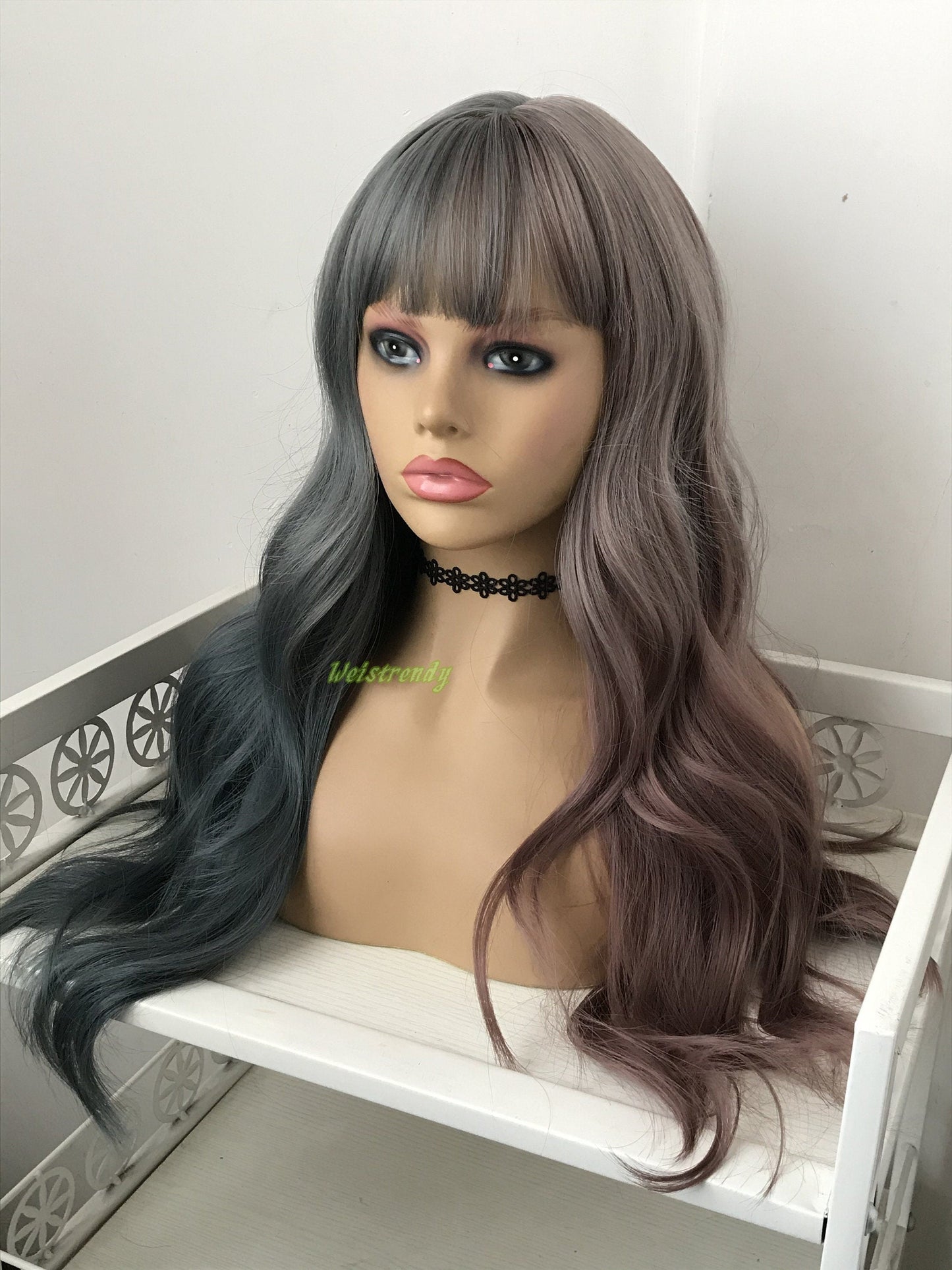 Half and Half Dusty Purple Dusty Blue Mixed Color Long Waves Hair Premium Synthetic No Lace Wig with Bangs Heat Safe