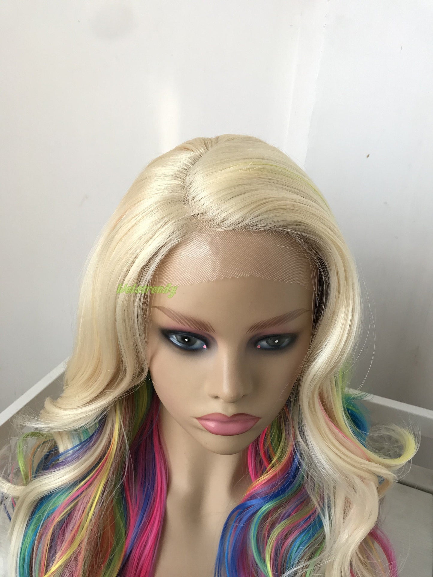 613 Blonde Mixed Rainbow Colorful Long Curls Wigs Synthetic Lace Front Wig Side Part Cosplay Wig