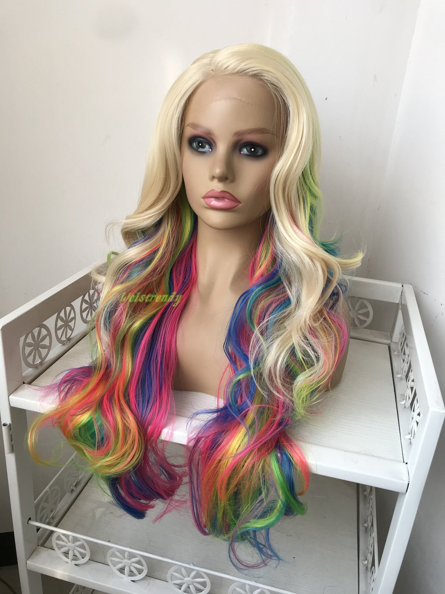 613 Blonde Mixed Rainbow Colorful Long Curls Wigs Synthetic Lace Front Wig Side Part Cosplay Wig