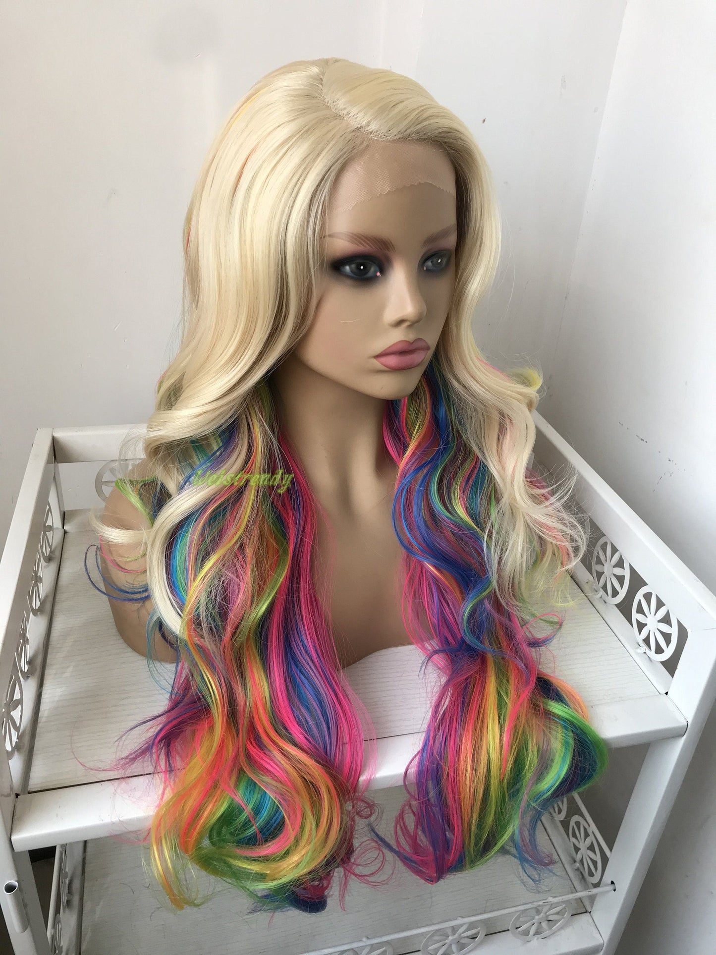 613 Blonde Mixed Rainbow Colorful Long Curls Wigs Synthetic Lace Front Wig Side Part Cosplay Wig