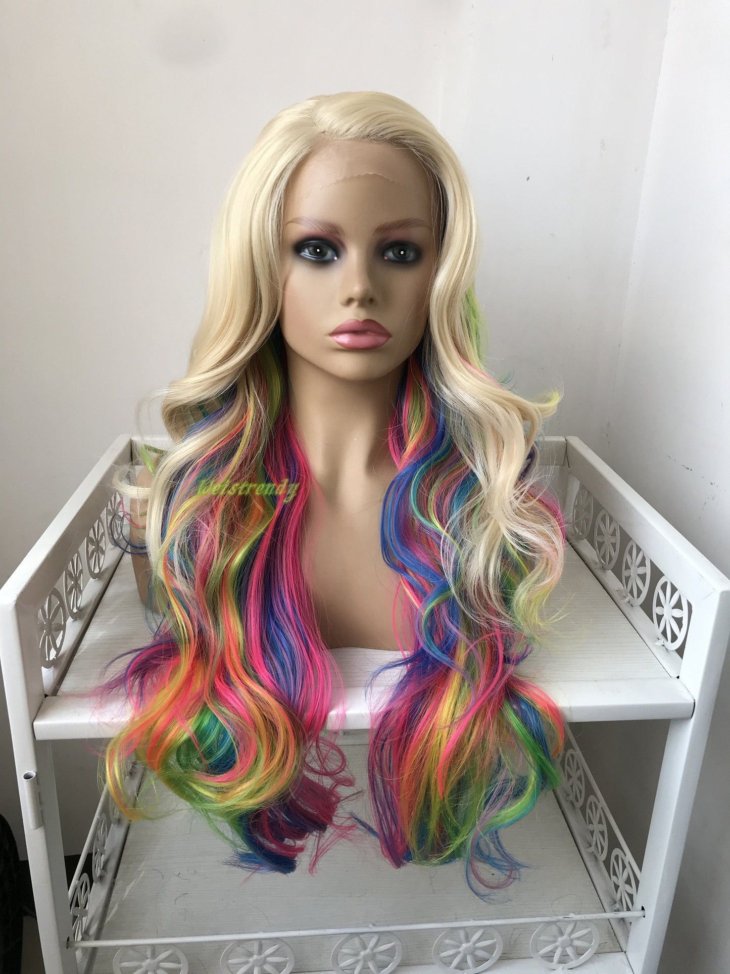 613 Blonde Mixed Rainbow Colorful Long Curls Wigs Synthetic Lace Front Wig Side Part Cosplay Wig