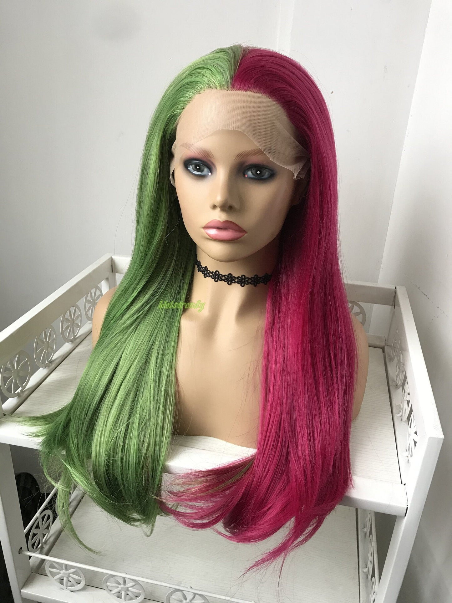 Half and Half Mixed Green Pink Long Straight Hair Premium Synthetic Lace Frontal Ombre Wig Multi Part