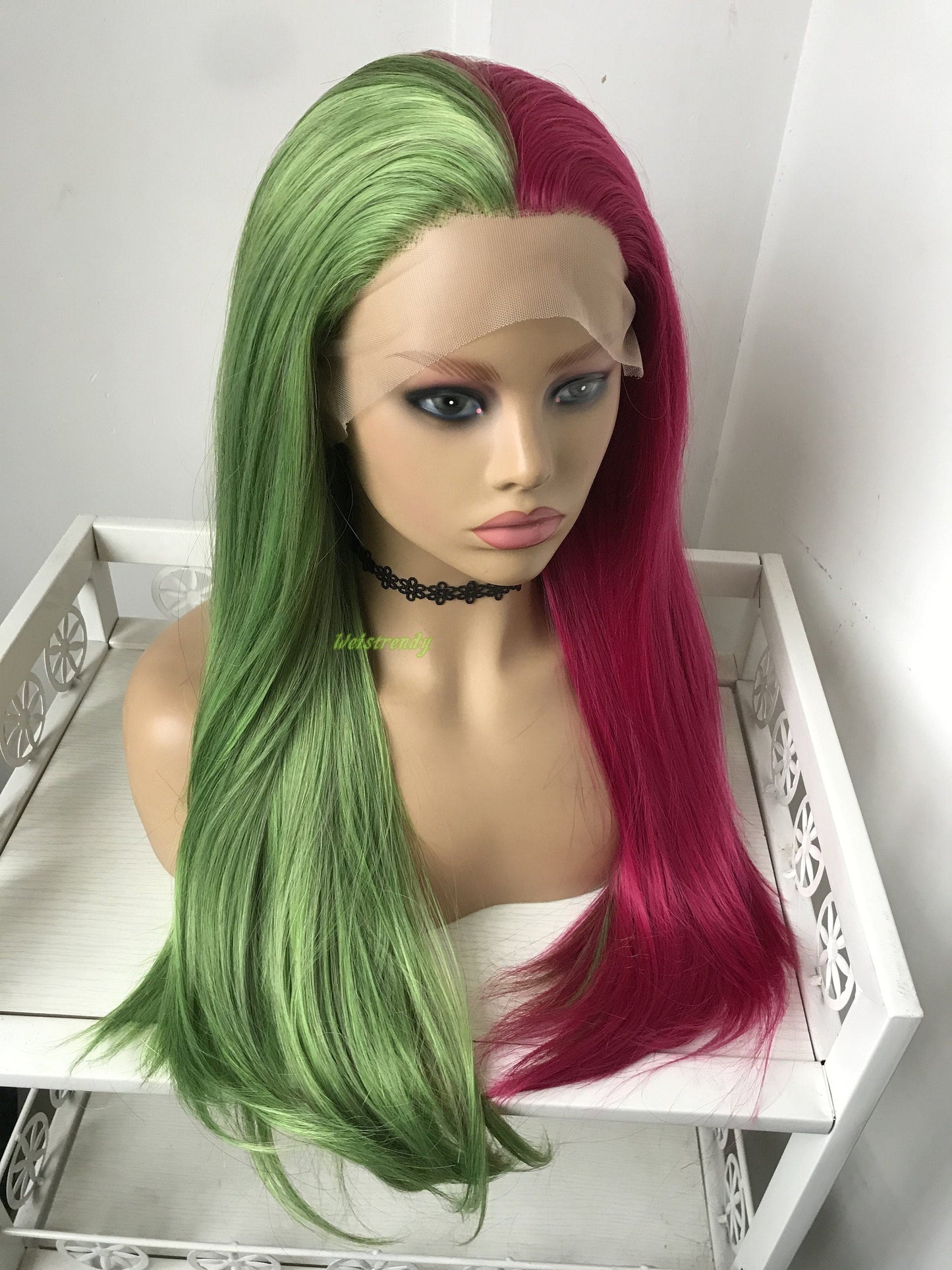 Half and Half Mixed Green Pink Long Straight Hair Premium Synthetic Lace Frontal Ombre Wig Multi Part