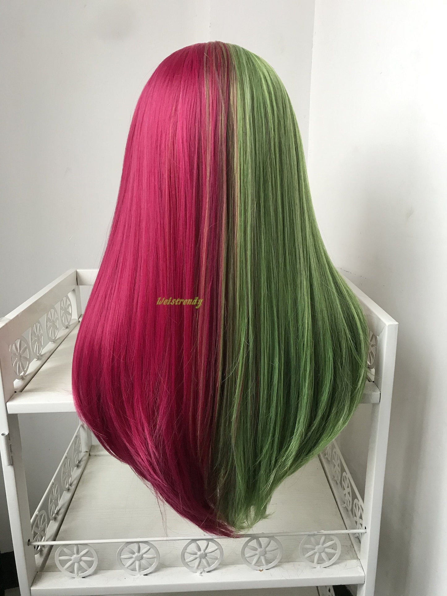 Half and Half Mixed Green Pink Long Straight Hair Premium Synthetic Lace Frontal Ombre Wig Multi Part