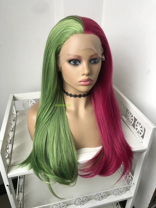 Half and Half Mixed Green Pink Long Straight Hair Premium Synthetic Lace Frontal Ombre Wig Multi Part