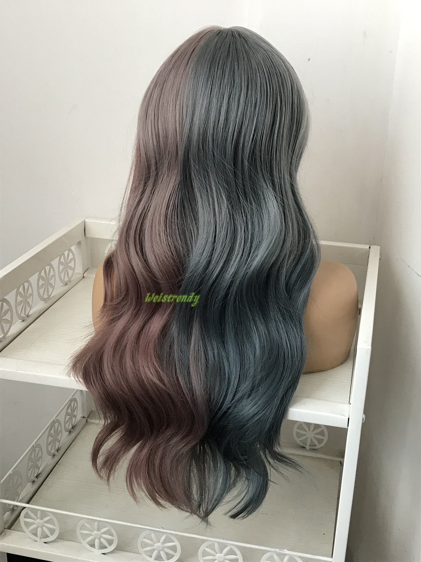 Half and Half Dusty Purple Dusty Blue Mixed Color Long Waves Hair Premium Synthetic No Lace Wig with Bangs Heat Safe