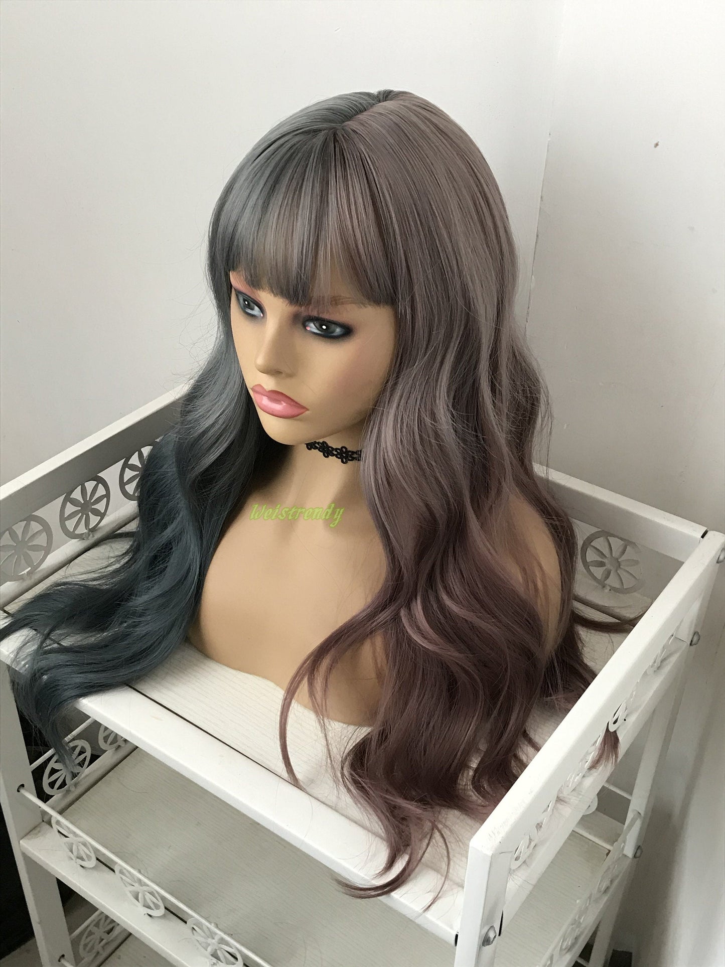 Half and Half Dusty Purple Dusty Blue Mixed Color Long Waves Hair Premium Synthetic No Lace Wig with Bangs Heat Safe