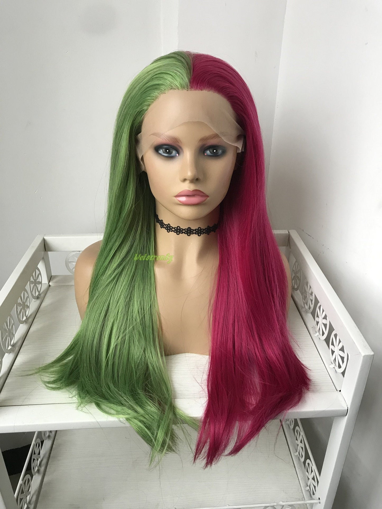 Half and Half Mixed Green Pink Long Straight Hair Premium Synthetic Lace Frontal Ombre Wig Multi Part