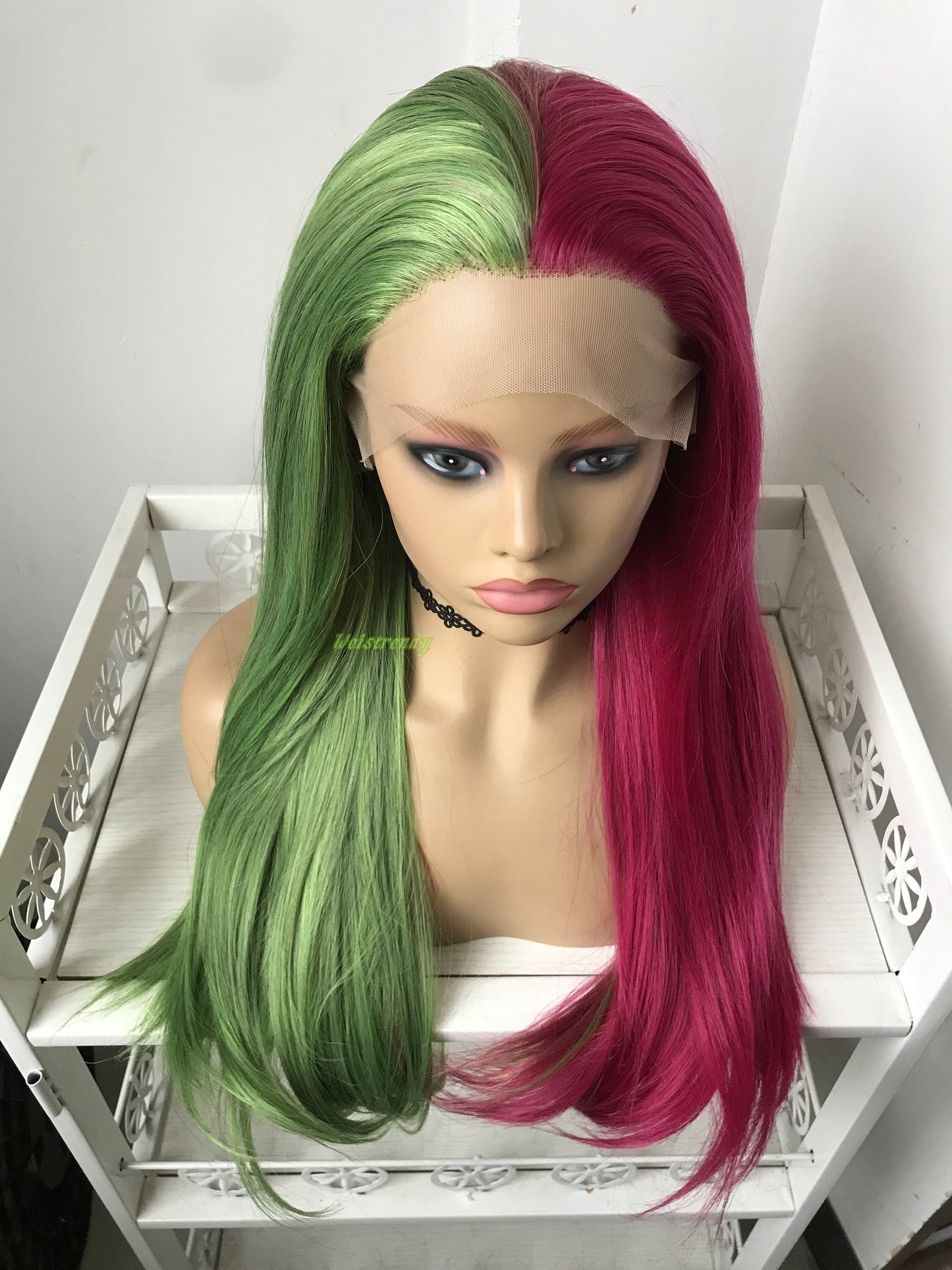 Half and Half Mixed Green Pink Long Straight Hair Premium Synthetic Lace Frontal Ombre Wig Multi Part