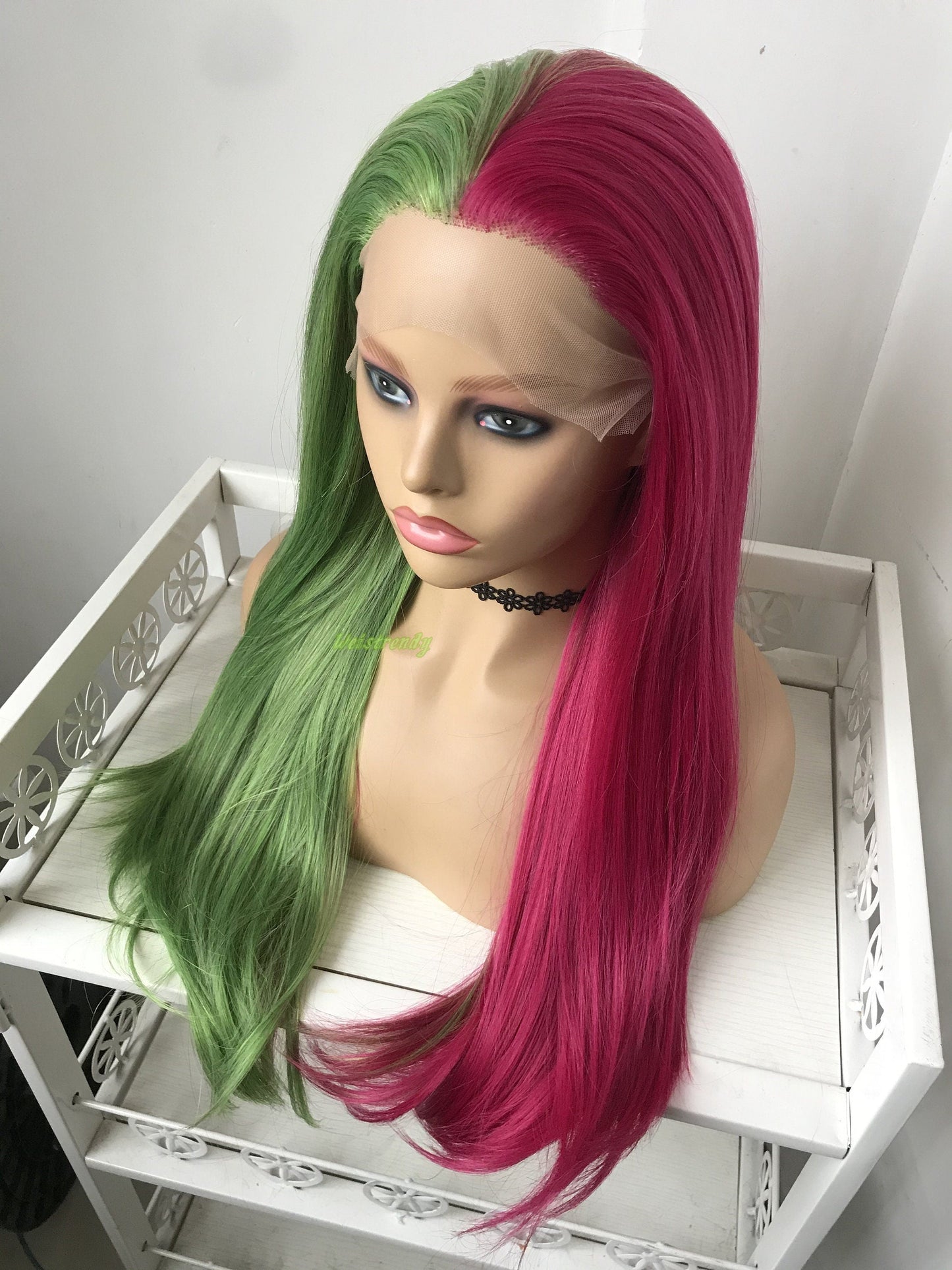 Half and Half Mixed Green Pink Long Straight Hair Premium Synthetic Lace Frontal Ombre Wig Multi Part