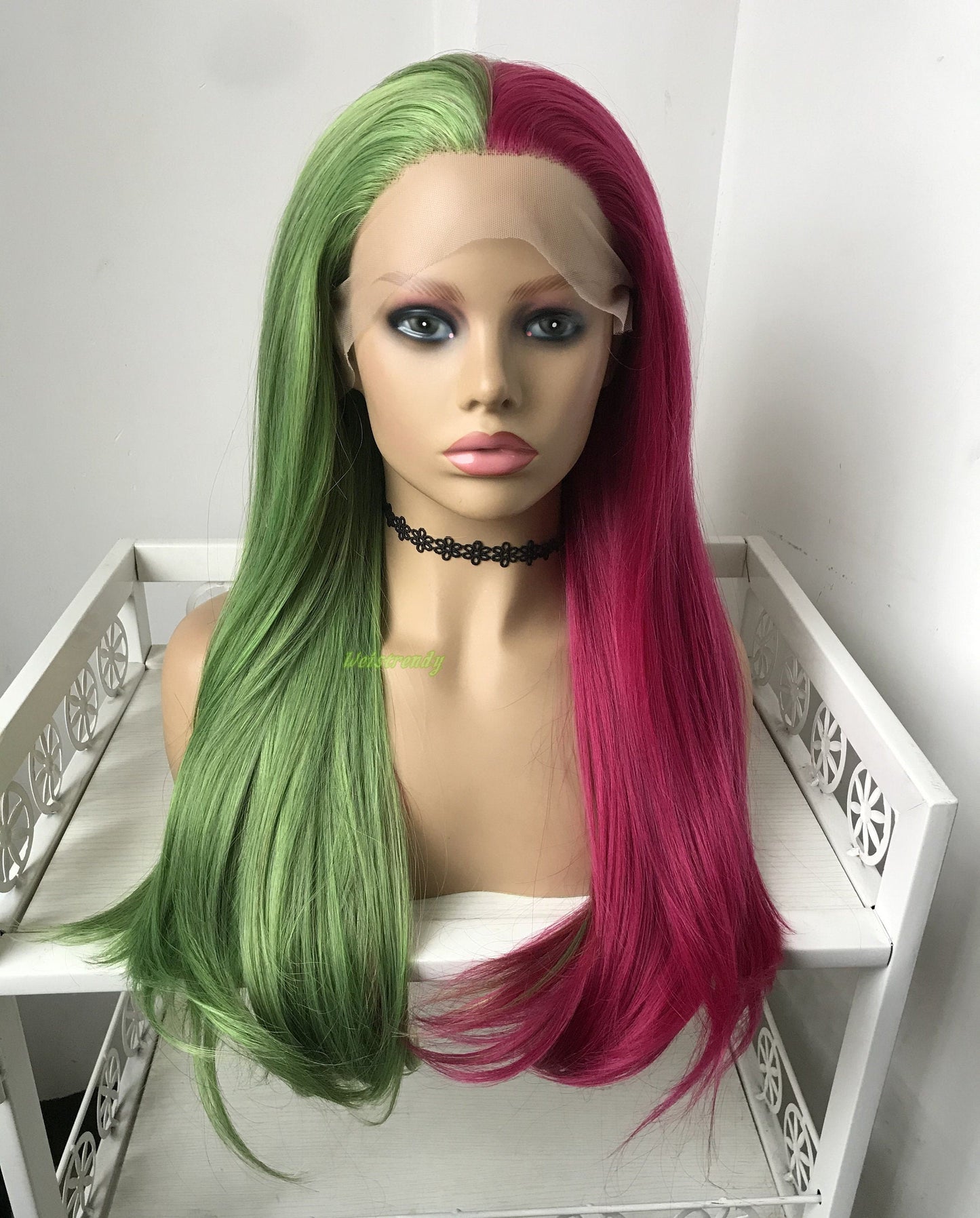 Half and Half Mixed Green Pink Long Straight Hair Premium Synthetic Lace Frontal Ombre Wig Multi Part