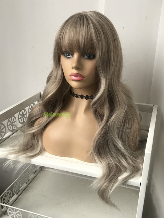 Mixed Brown Blonde Ombre Platinum Blonde Long Wavy Wigs with Fringes/Bangs Synthetic Wigs Heat Safe