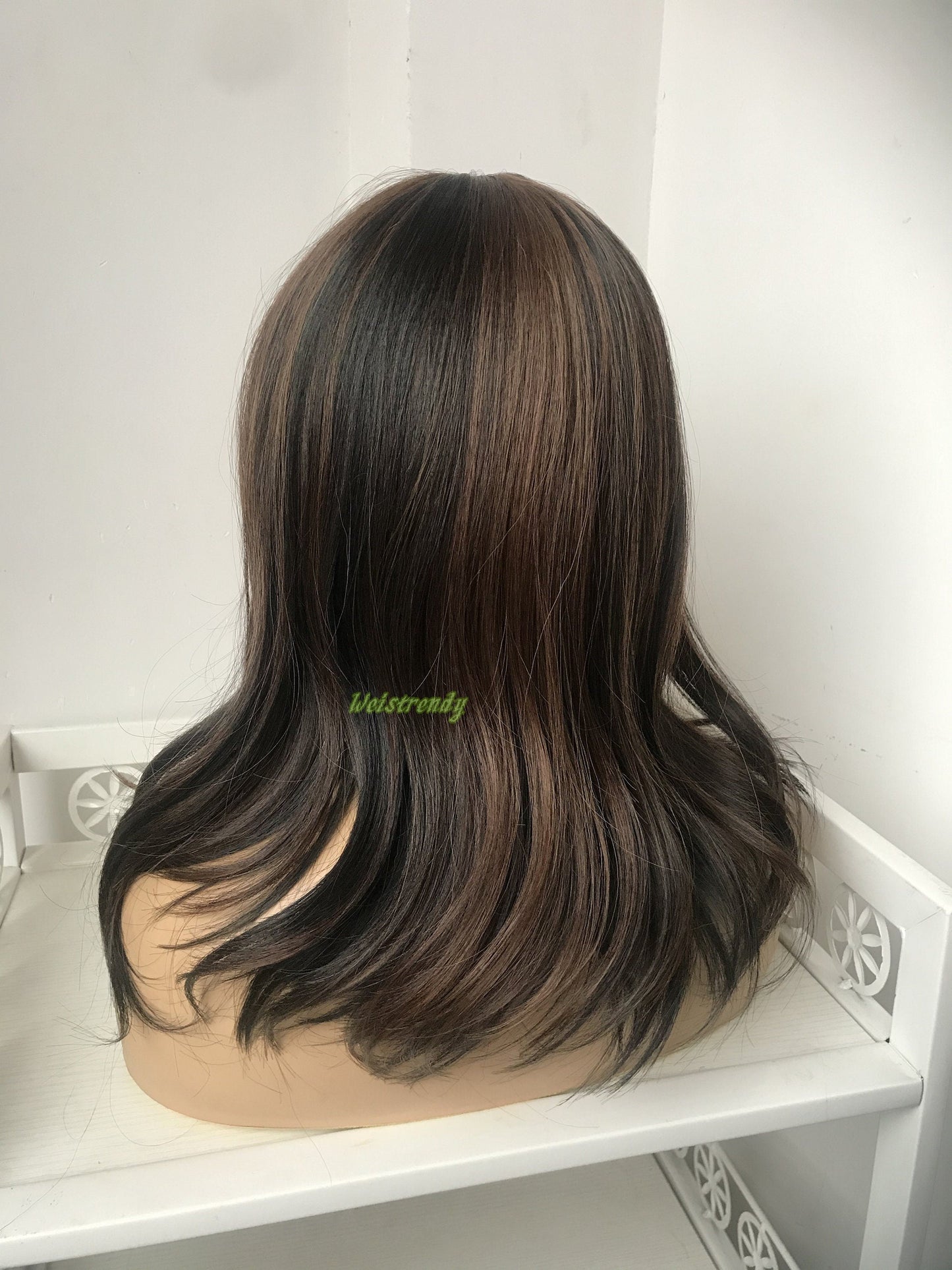 Mixed Black Brown Medium Length Straight Curl | Bangs/Fringe | Premium Synthetic Heat Safe Fibre Full cap Wig Realistic Wigs