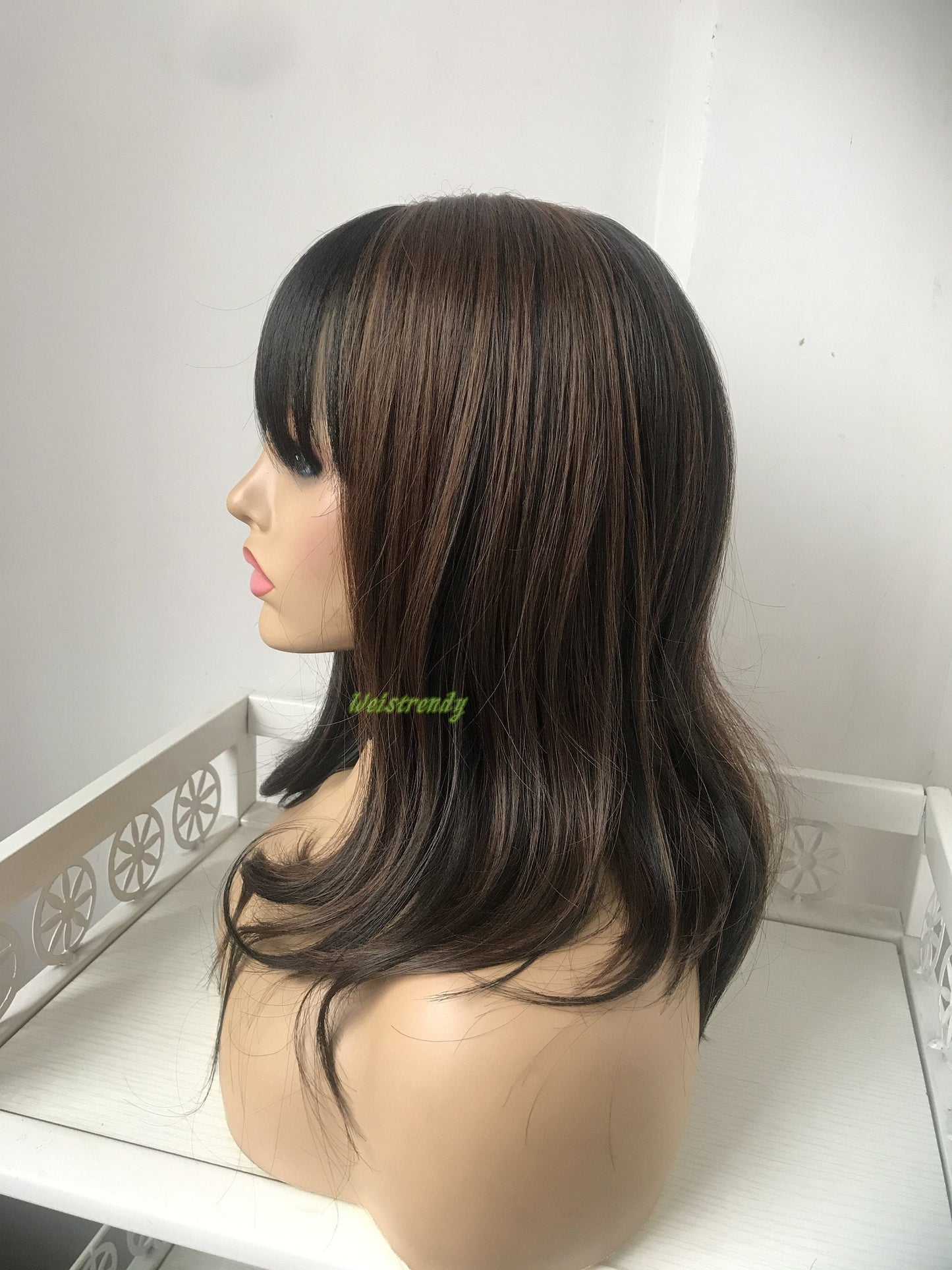 Mixed Black Brown Medium Length Straight Curl | Bangs/Fringe | Premium Synthetic Heat Safe Fibre Full cap Wig Realistic Wigs