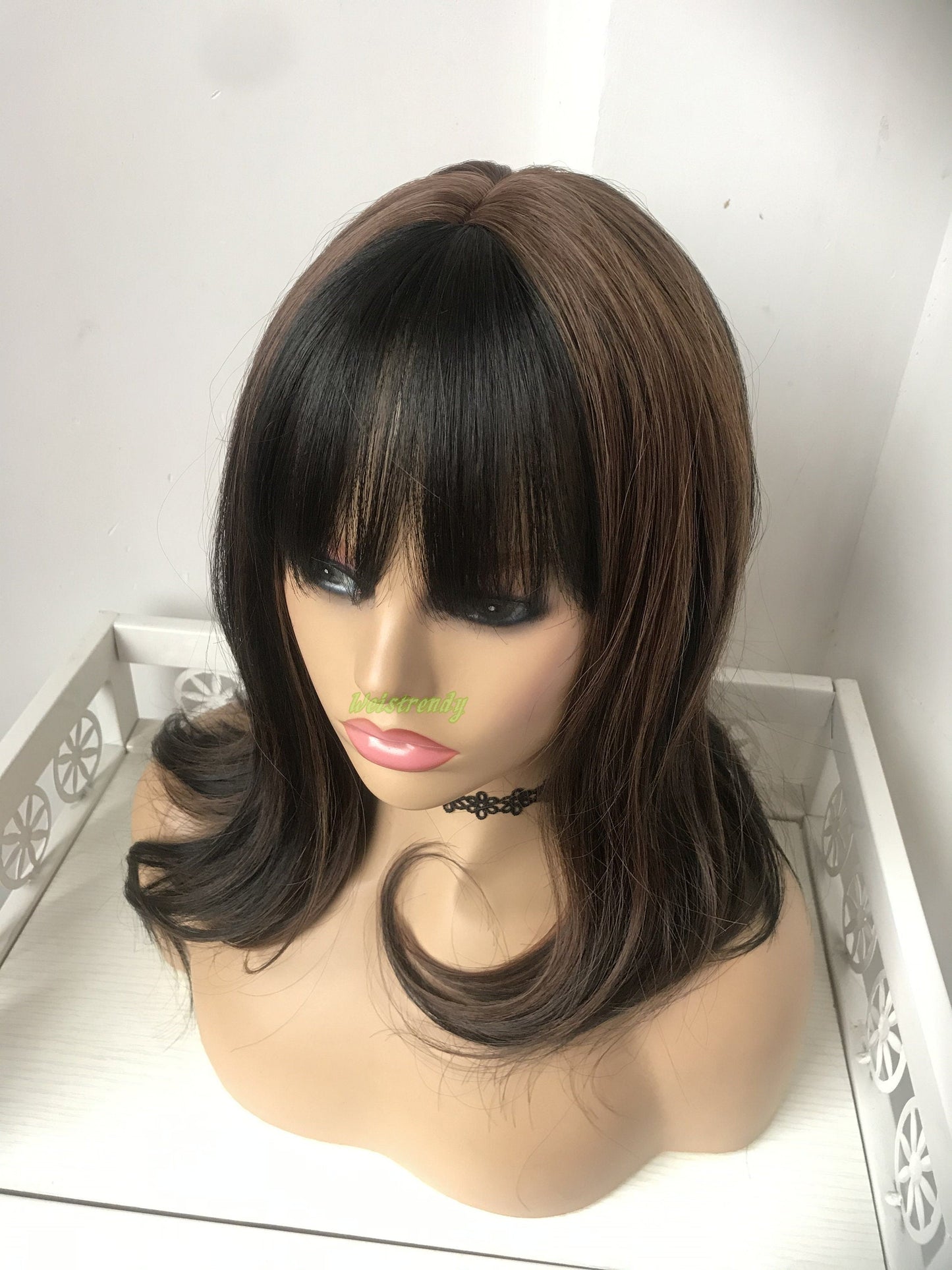 Mixed Black Brown Medium Length Straight Curl | Bangs/Fringe | Premium Synthetic Heat Safe Fibre Full cap Wig Realistic Wigs
