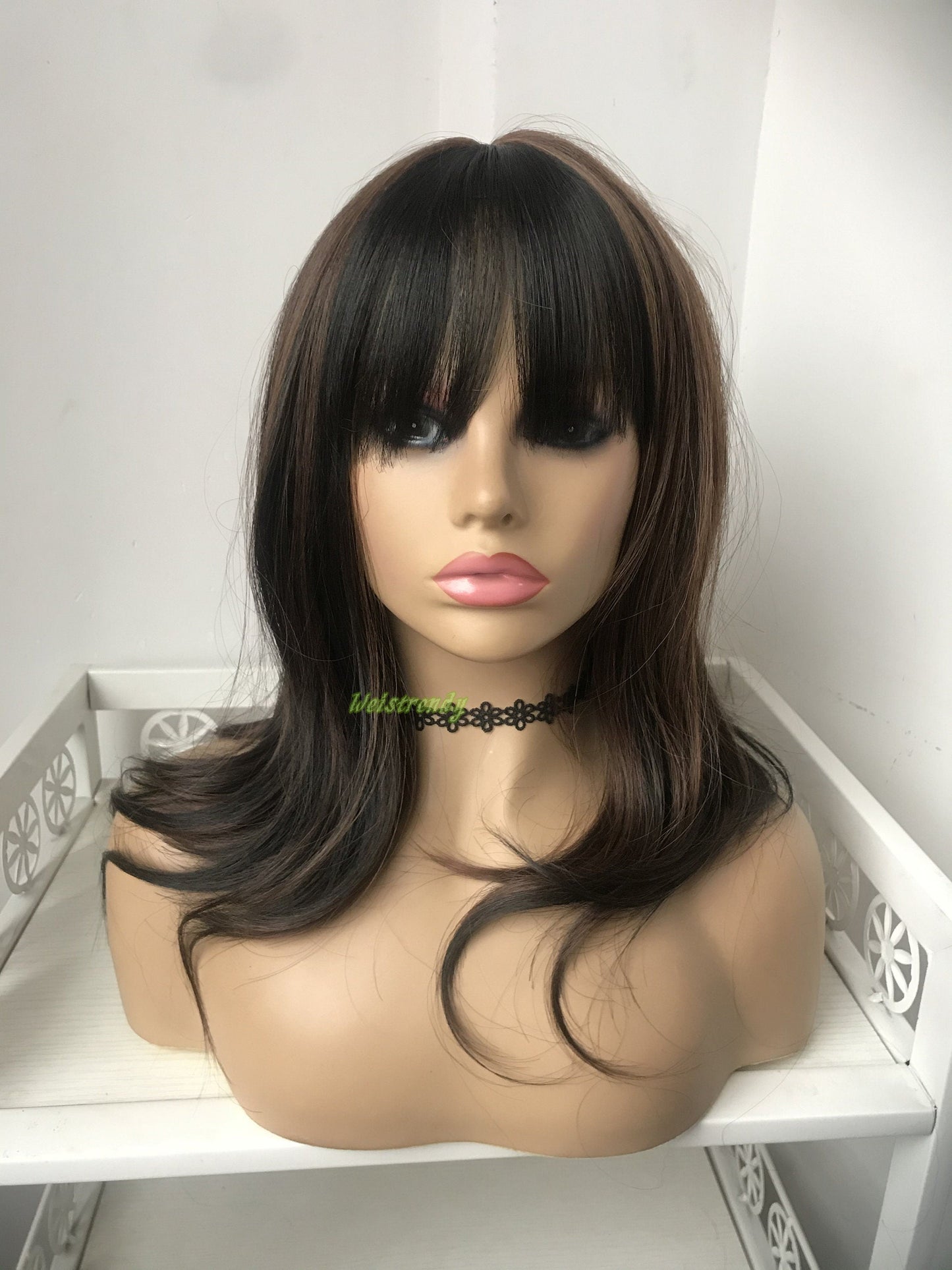 Mixed Black Brown Medium Length Straight Curl | Bangs/Fringe | Premium Synthetic Heat Safe Fibre Full cap Wig Realistic Wigs