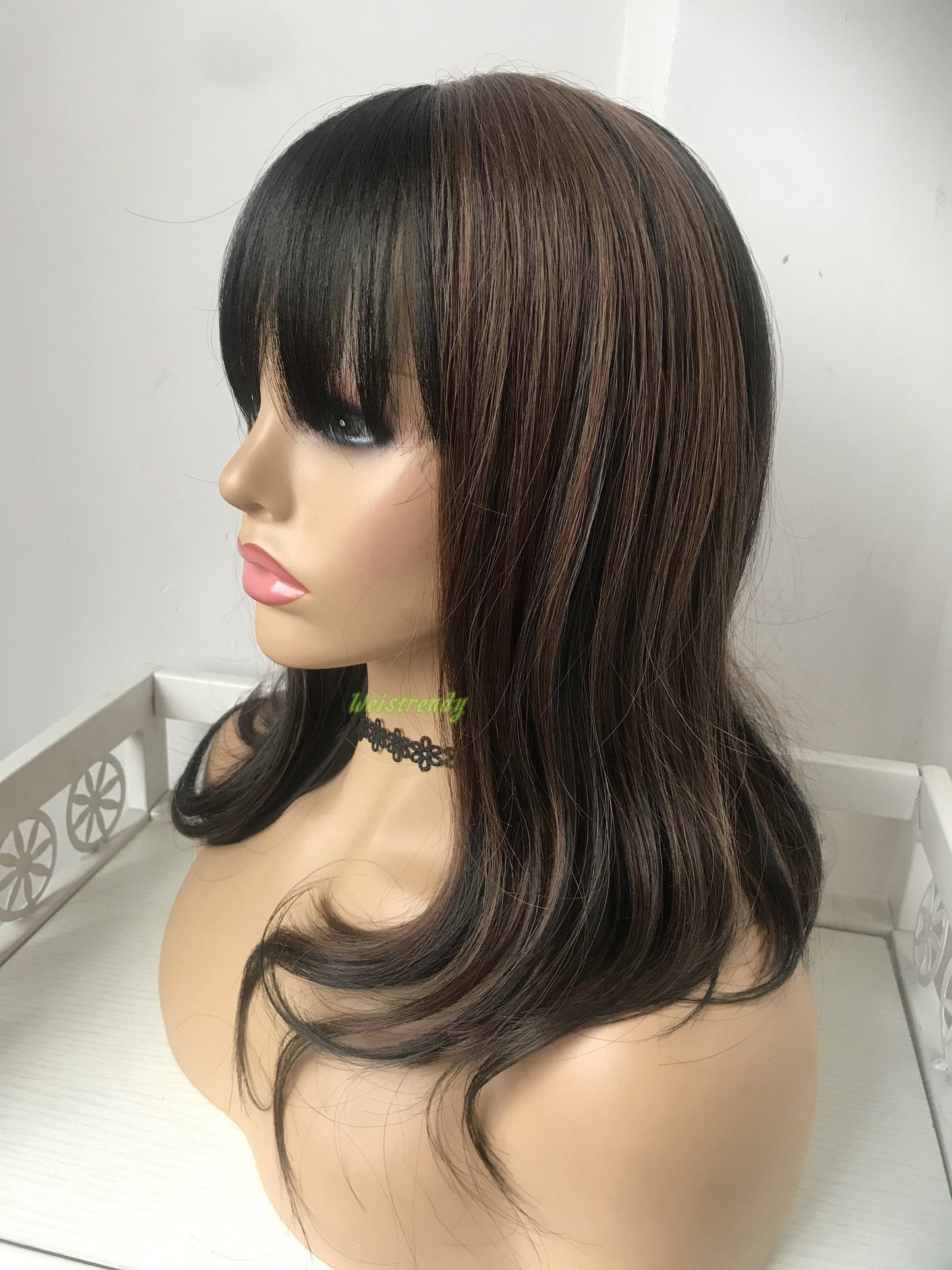 Mixed Black Brown Medium Length Straight Curl | Bangs/Fringe | Premium Synthetic Heat Safe Fibre Full cap Wig Realistic Wigs