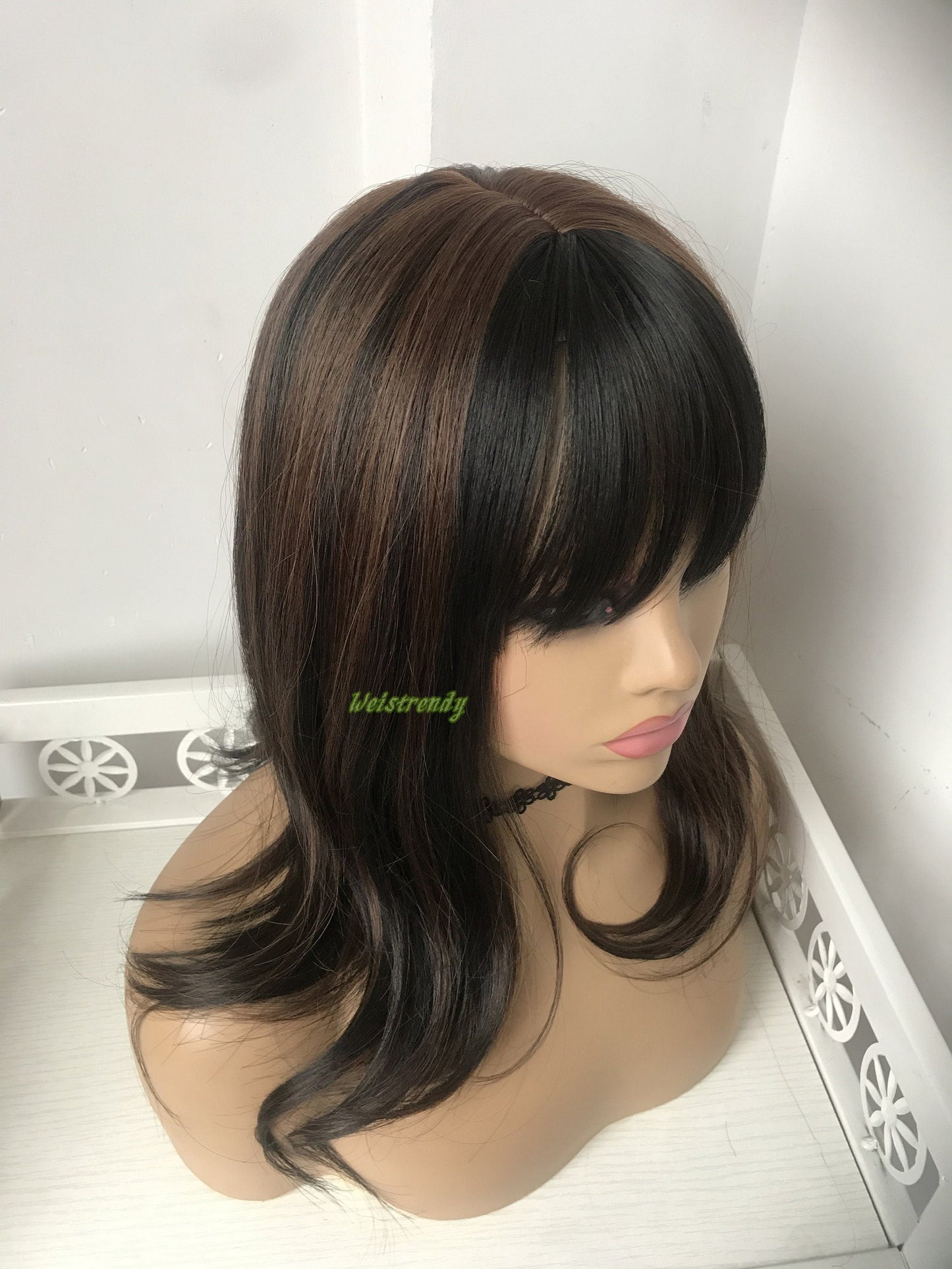 Mixed Black Brown Medium Length Straight Curl | Bangs/Fringe | Premium Synthetic Heat Safe Fibre Full cap Wig Realistic Wigs